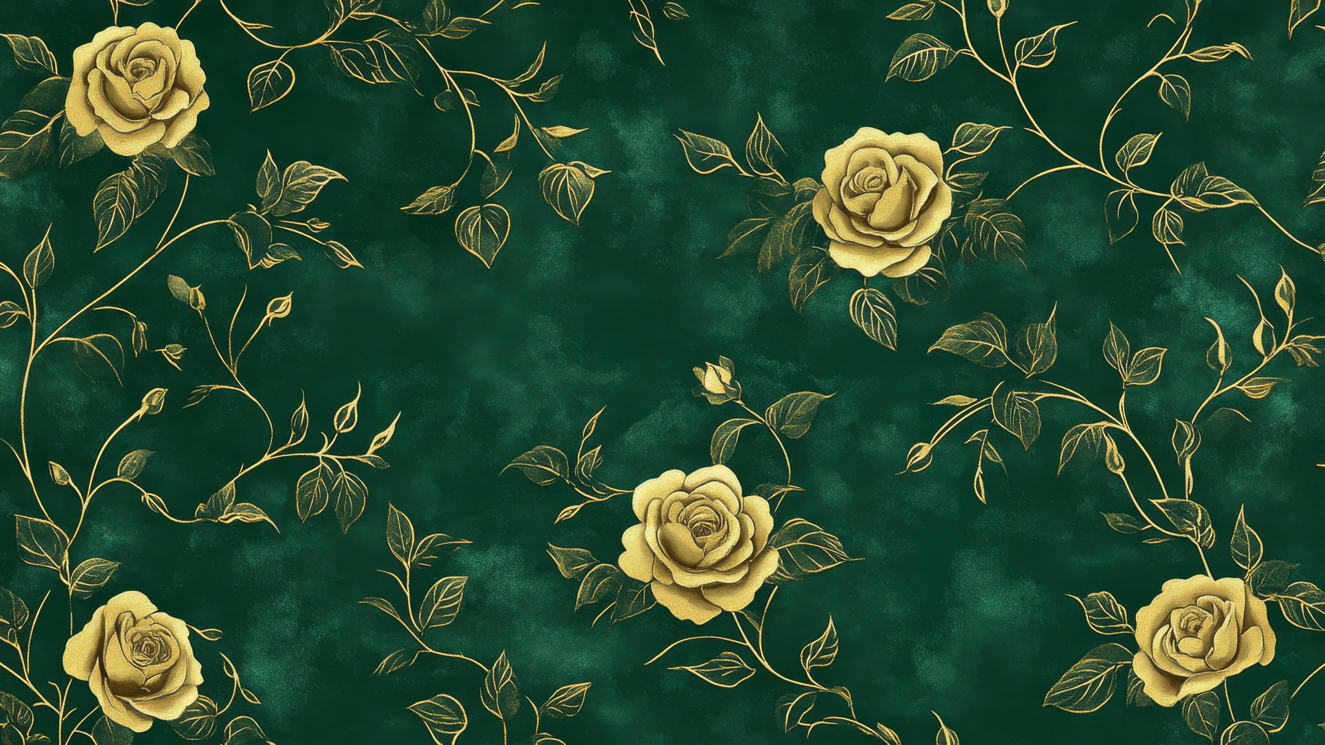 Green floral wallpaper with intricate gold outlines on a deep emerald background.