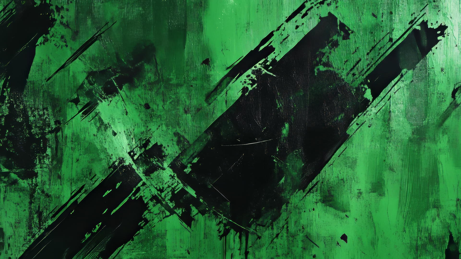 Abstract emerald green wallpaper with bold brushstrokes and splashes of darker green and black