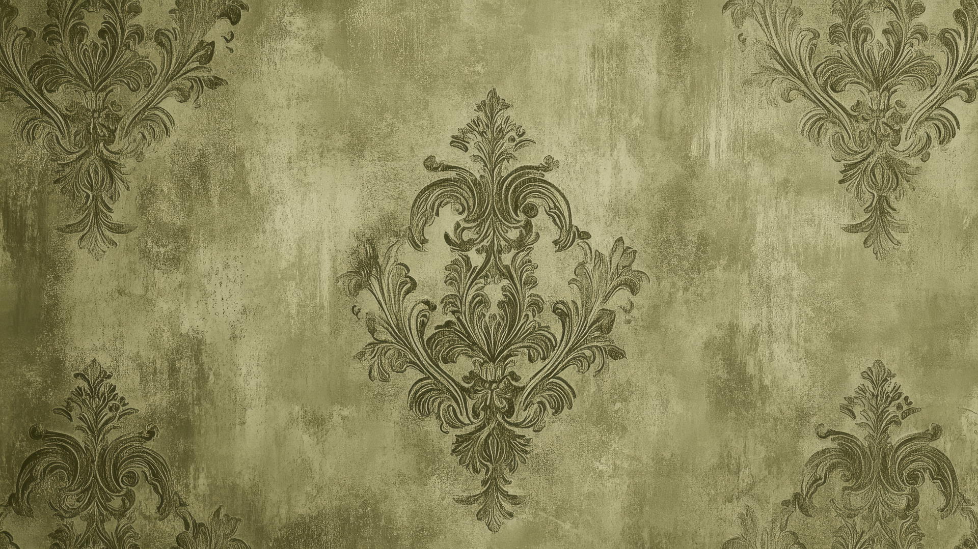 Olive green wallpaper with vintage damask pattern and floral details