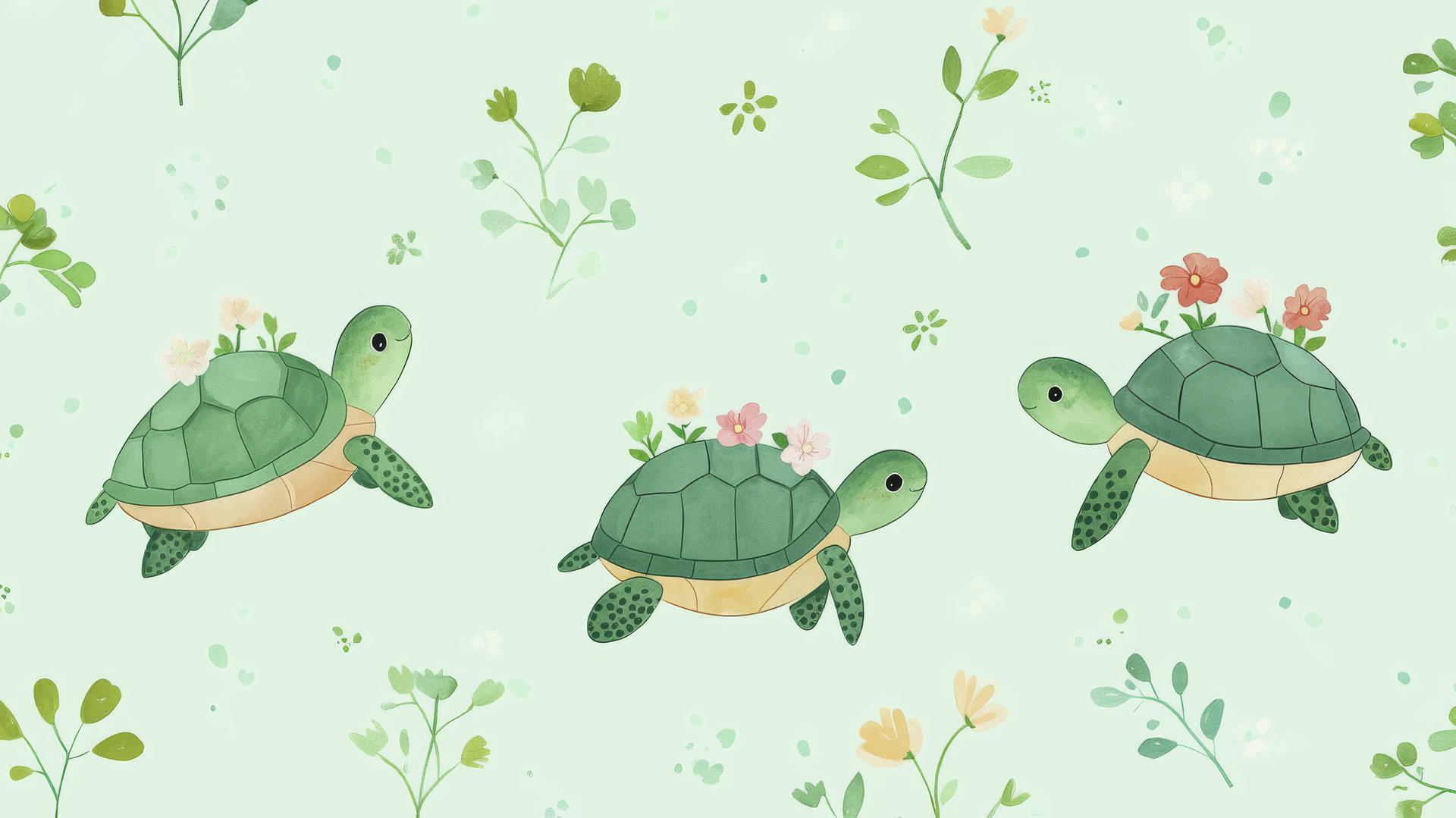 cute green wallpaper with turtles carrying tiny flowers on a mint green background