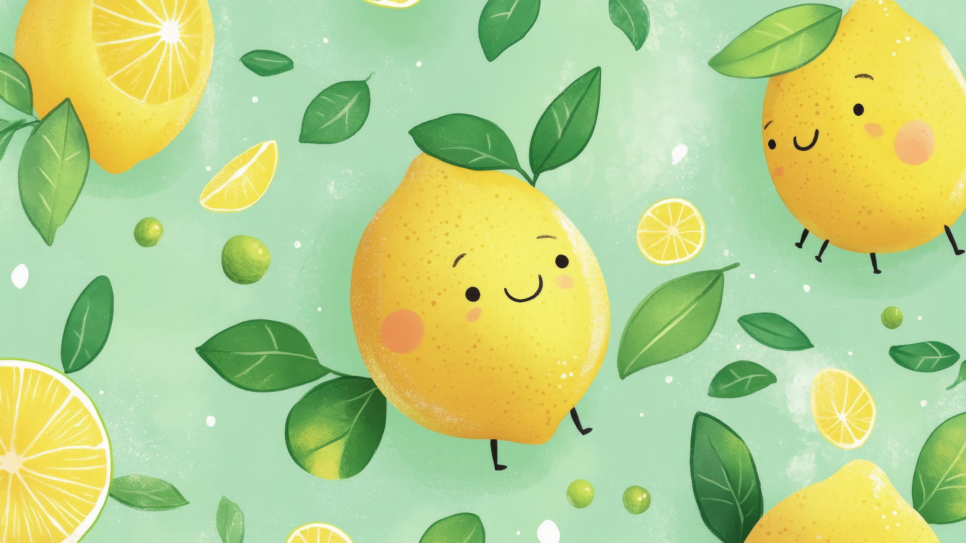 cute green wallpaper with smiling citrus fruits