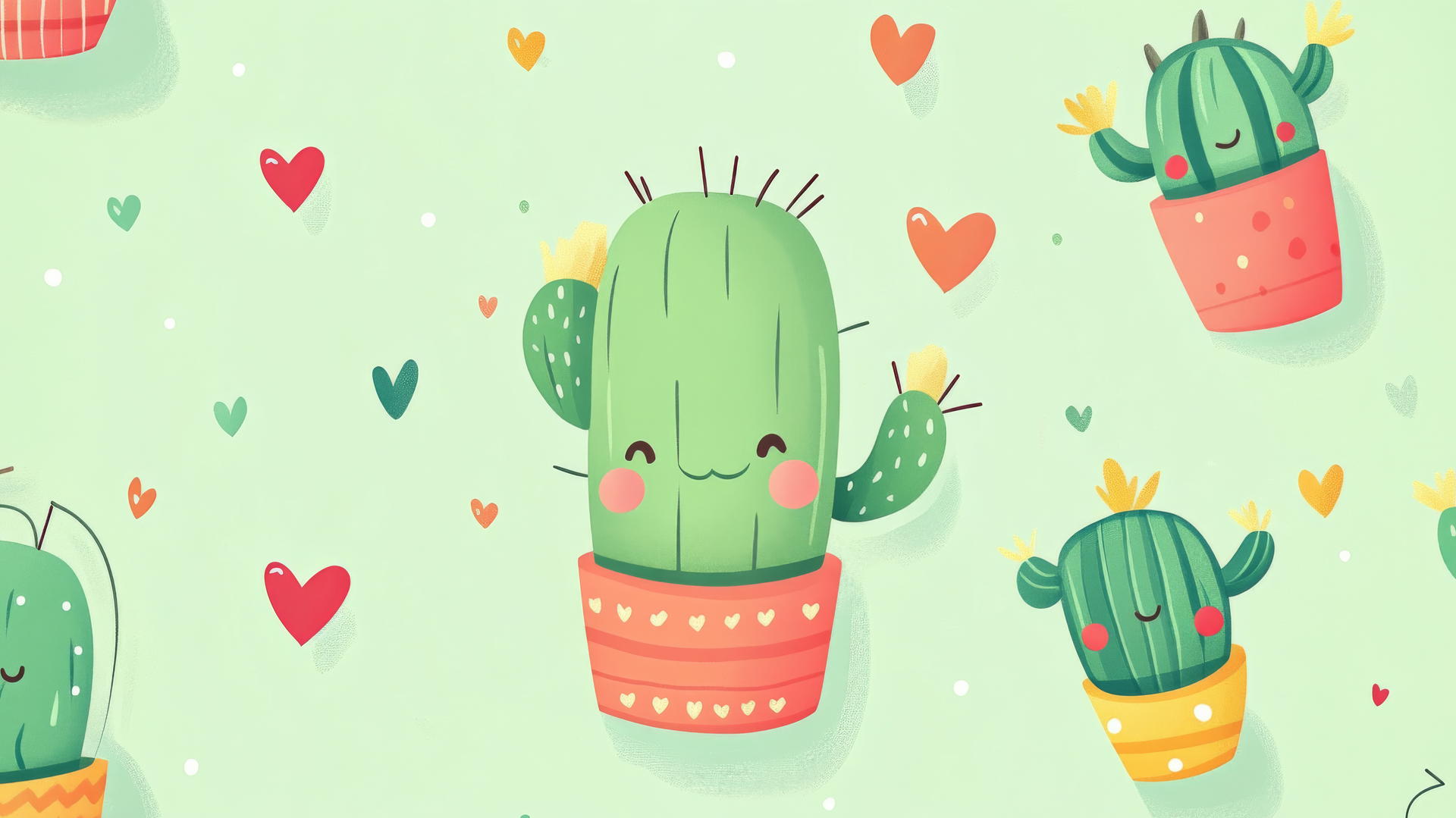 A cute green wallpaper with smiling cacti in colorful pots and tiny hearts.