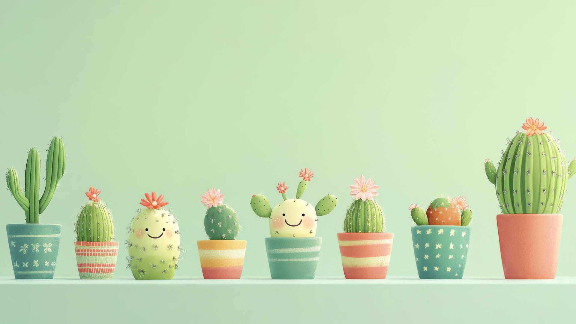 Cute green wallpaper with smiling cacti in colorful pots, light green background