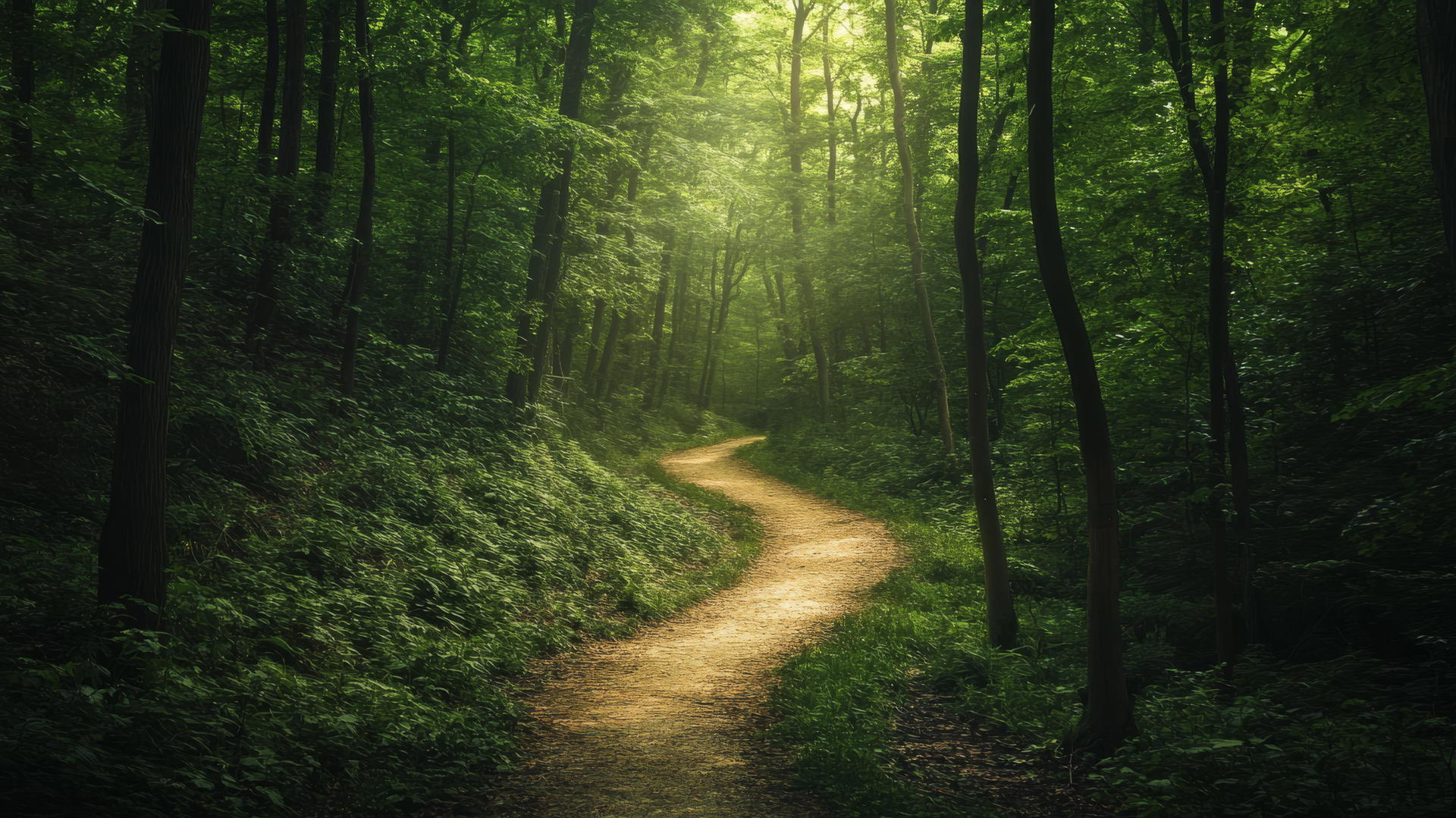 Nature aesthetic wallpaper with a winding forest path and dappled sunlight
