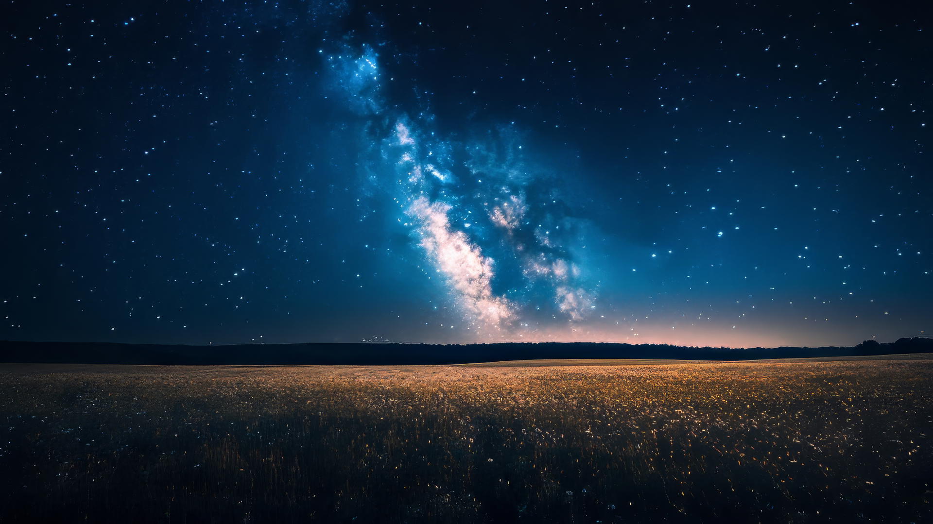 Nature wallpaper with a wide open field under a bright starry night sky and visible Milky Way