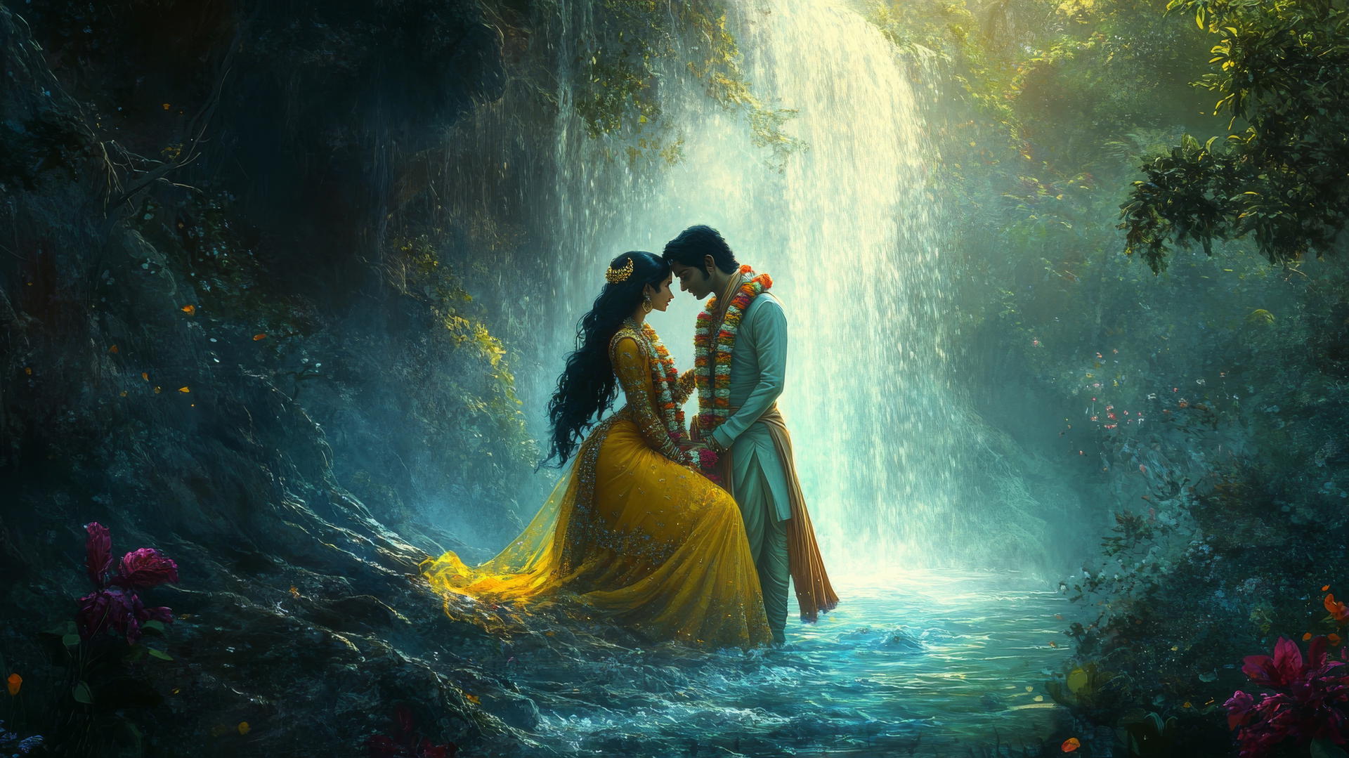 Love romantic Radha Krishna wallpaper HD, under a waterfall with mist and vibrant colors