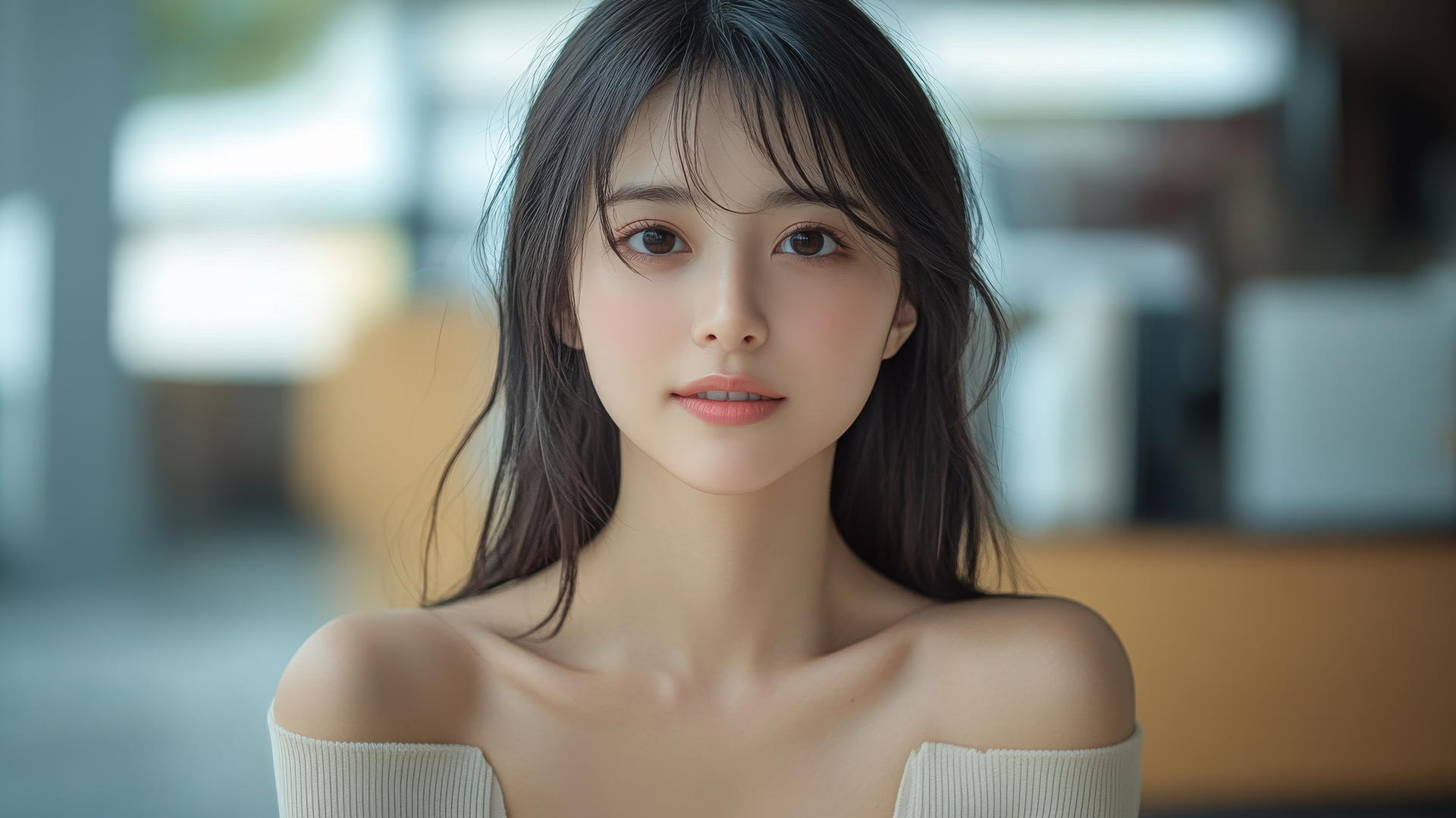 Asian girl seen from below, kneeling and looking down, smiling
