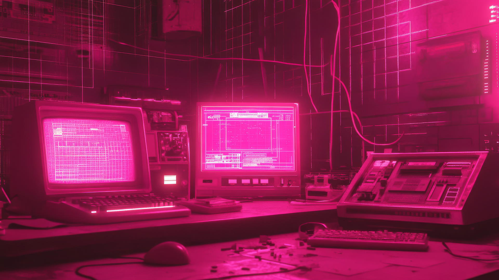 pink Y2K wallpaper with neon pink icons, pixelated graphics, and glitchy pop-up windows