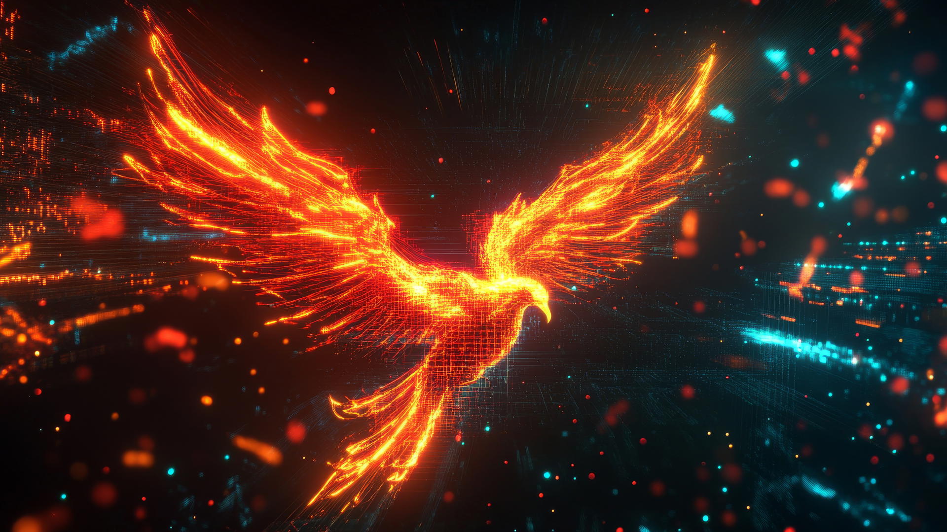 cyber Y2K wallpaper with a digital phoenix in neon flames against a black cosmic backdrop