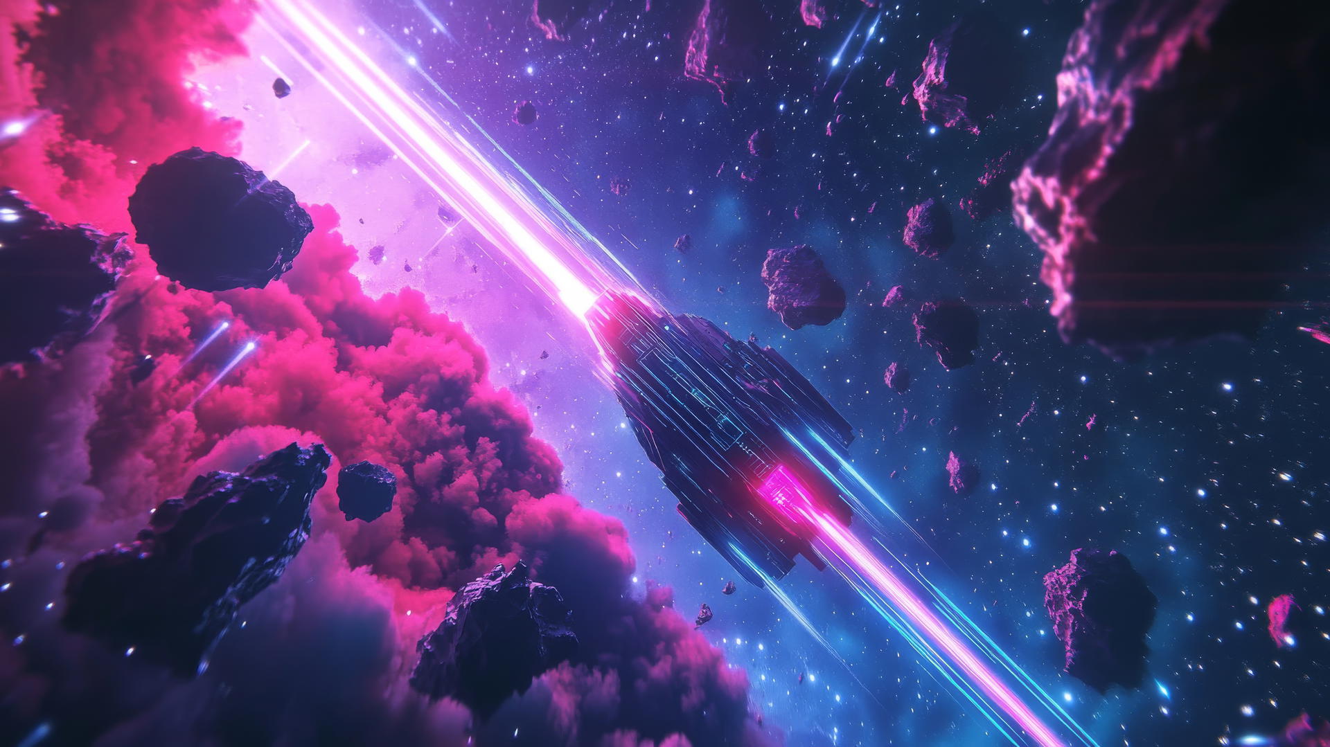 star wallpaper Y2K with starship, neon star trails, pixelated asteroids, holographic space