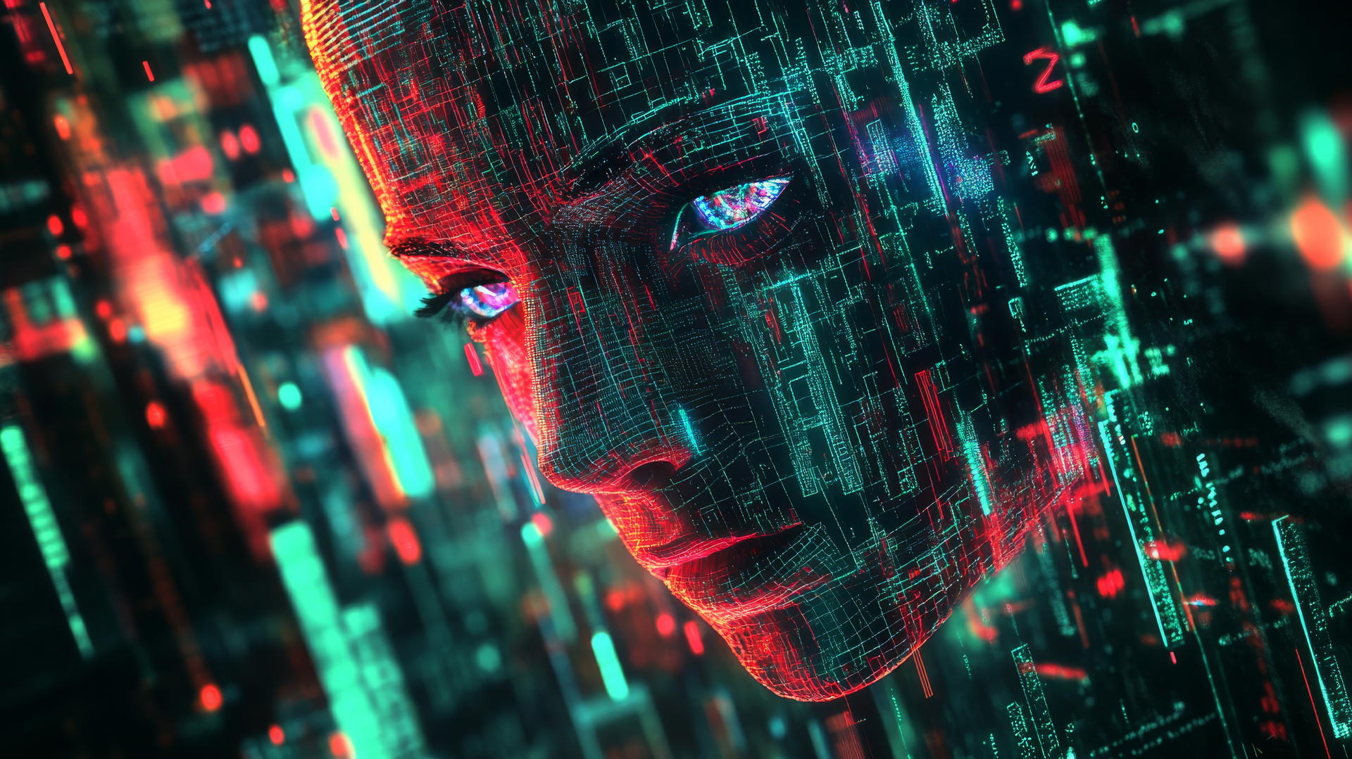 cyber y2k wallpaper with digitized face, neon circuits, binary code