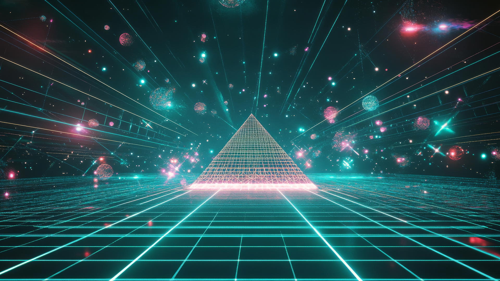 wallpaper y2k with retro-futuristic digital grid landscape and wireframe pyramid