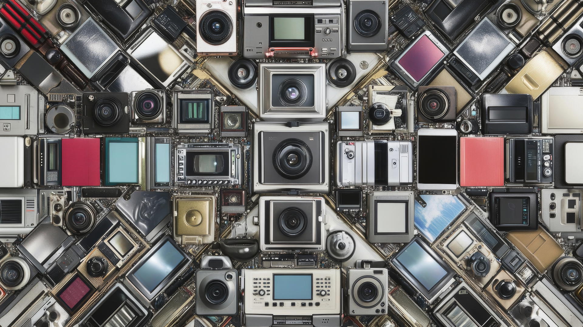 Y2K wallpaper with early 2000s gadgets in a symmetrical collage