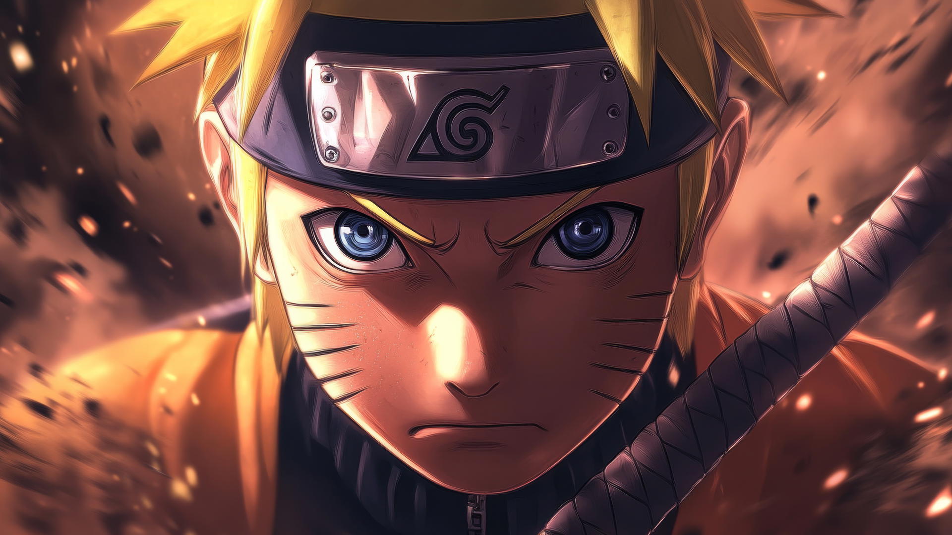 wallpaper naruto 4k, close-up of Naruto Uzumaki holding a kunai with intense eyes