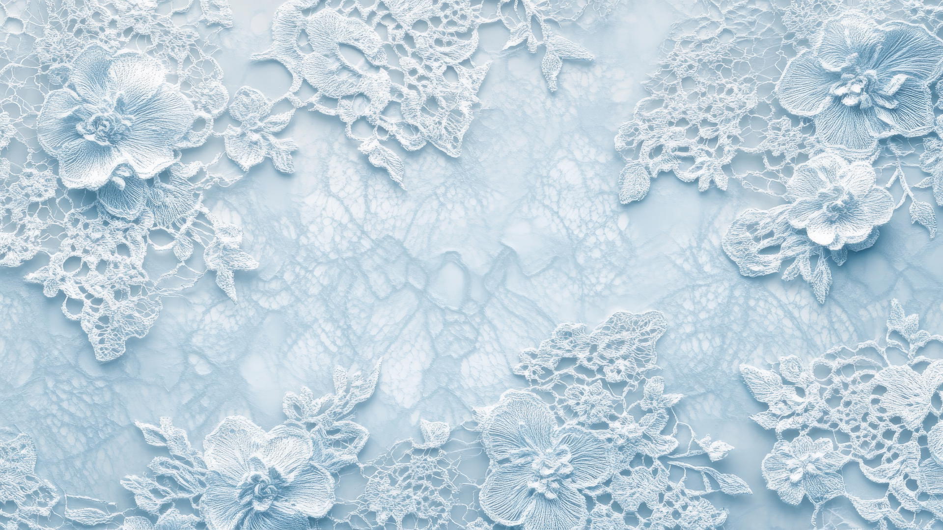 light blue wallpaper with an intricate lace pattern over pale blue background