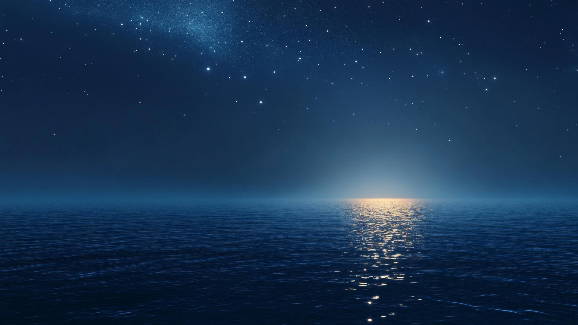 dark blue aesthetic wallpaper with starry night sky over calm ocean and gentle moonlight