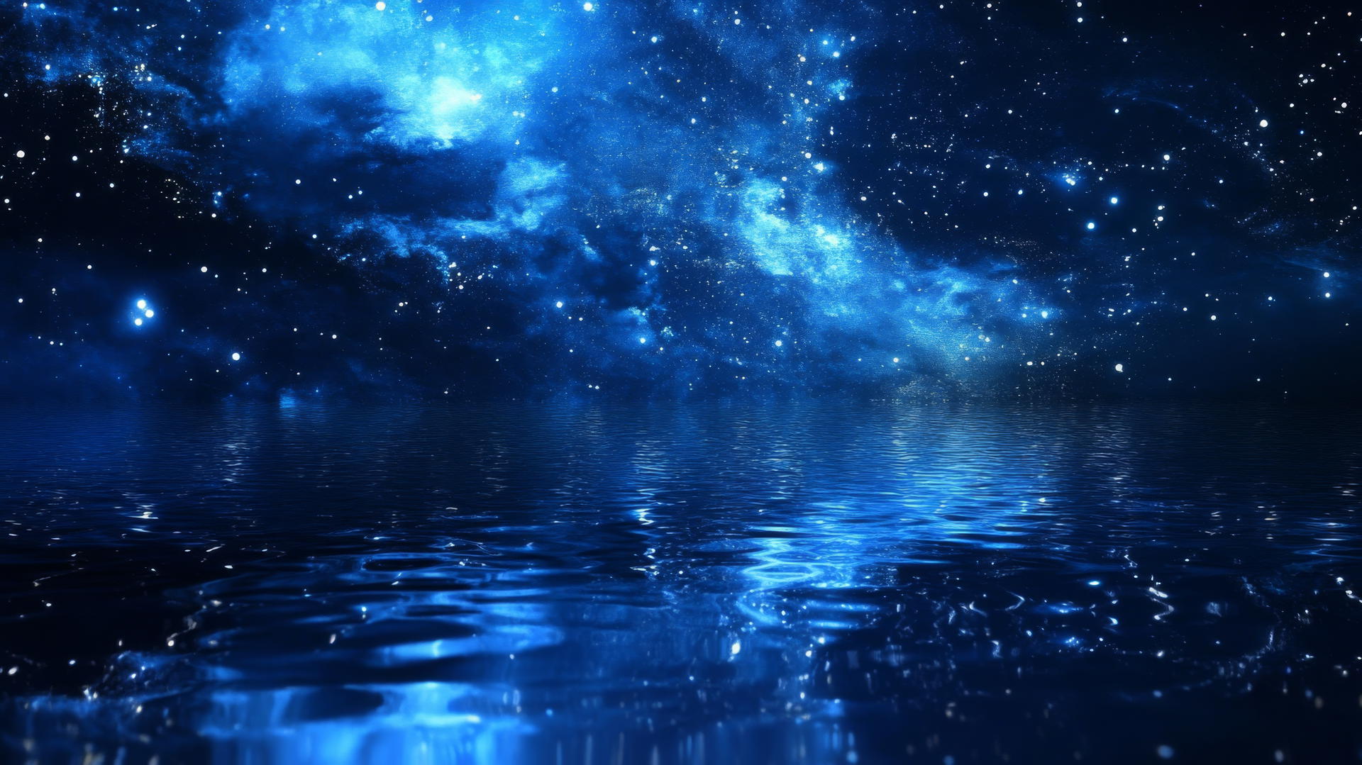dark blue aesthetic wallpaper with galaxy reflection in water and mirrored stars and nebulae