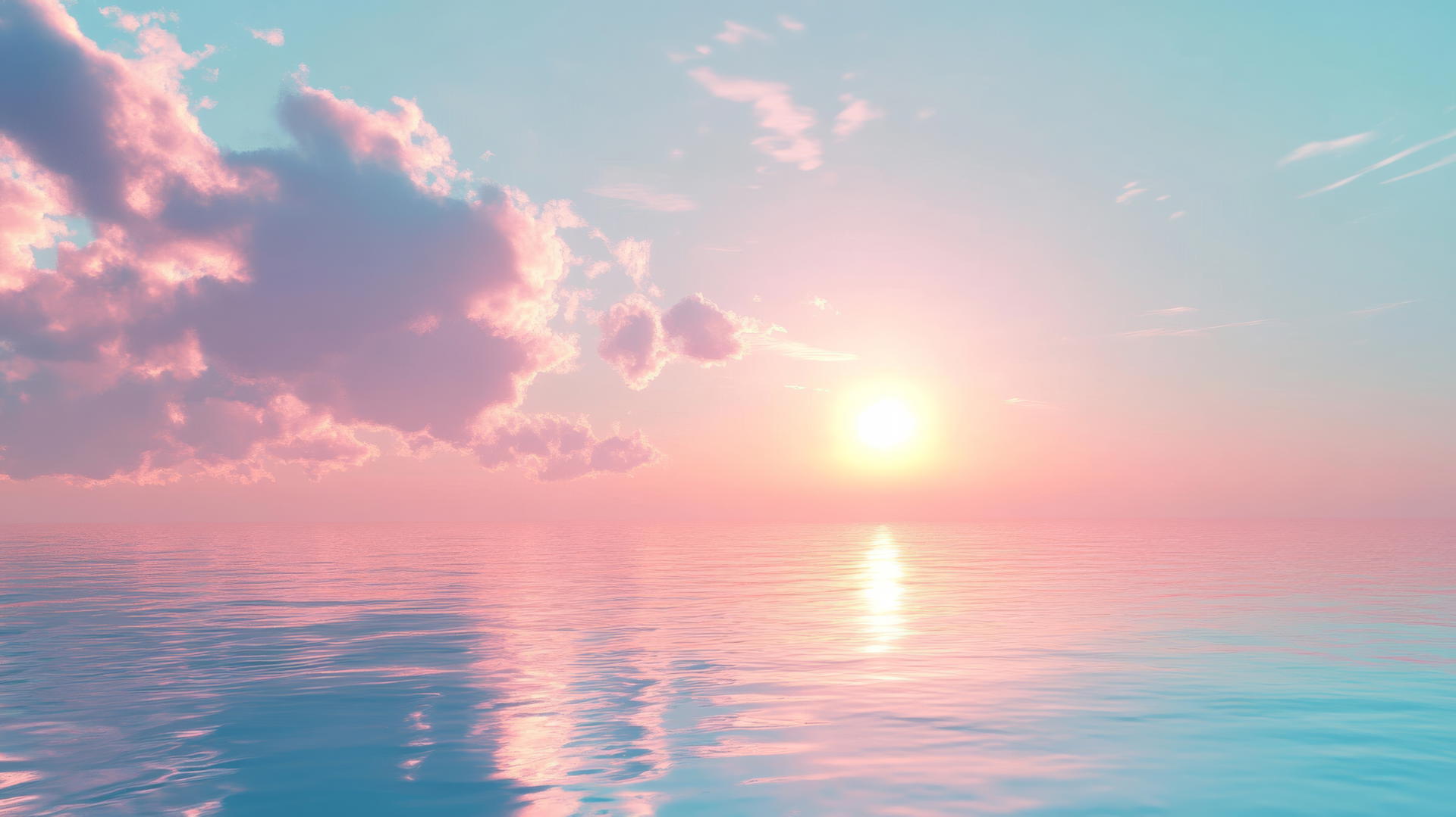 Aesthetic blue wallpaper with dreamy blue sunset over calm ocean and pastel clouds