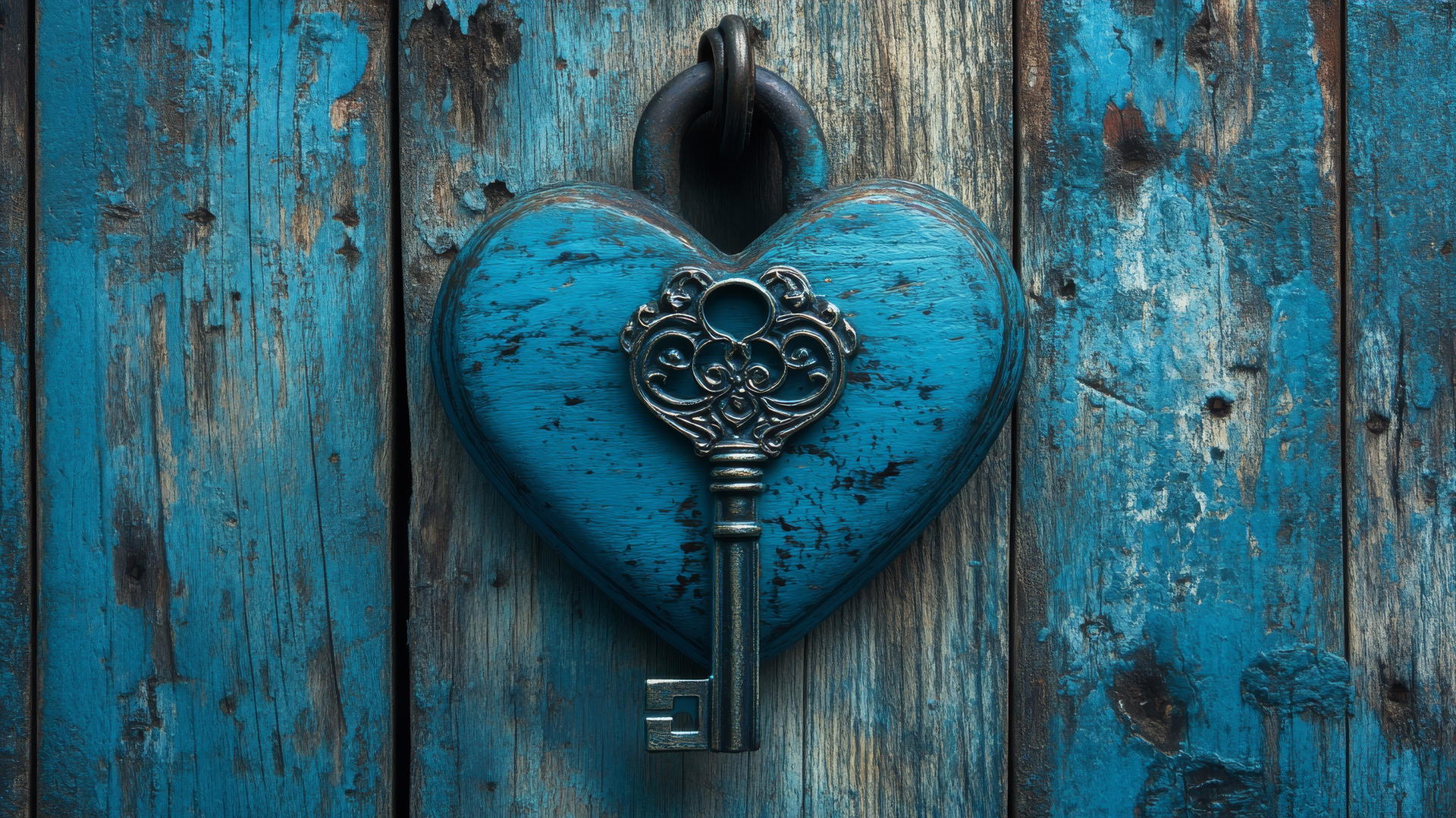 blue heart wallpaper with vintage lock and ornate key on rustic wood