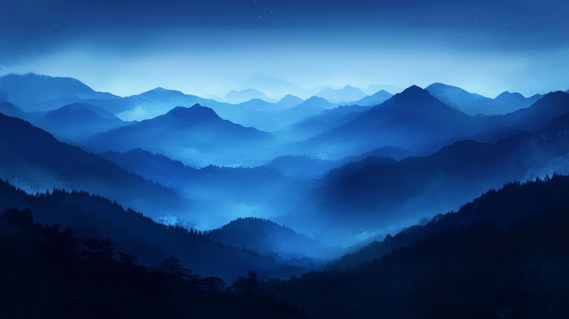 aesthetic wallpaper blue mountain silhouettes at dawn with mist and soft blue light