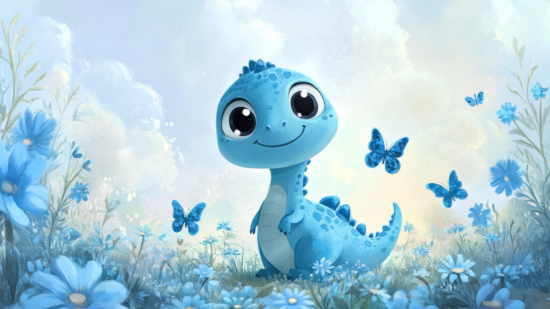 cute blue wallpaper with a cartoon dinosaur and butterflies