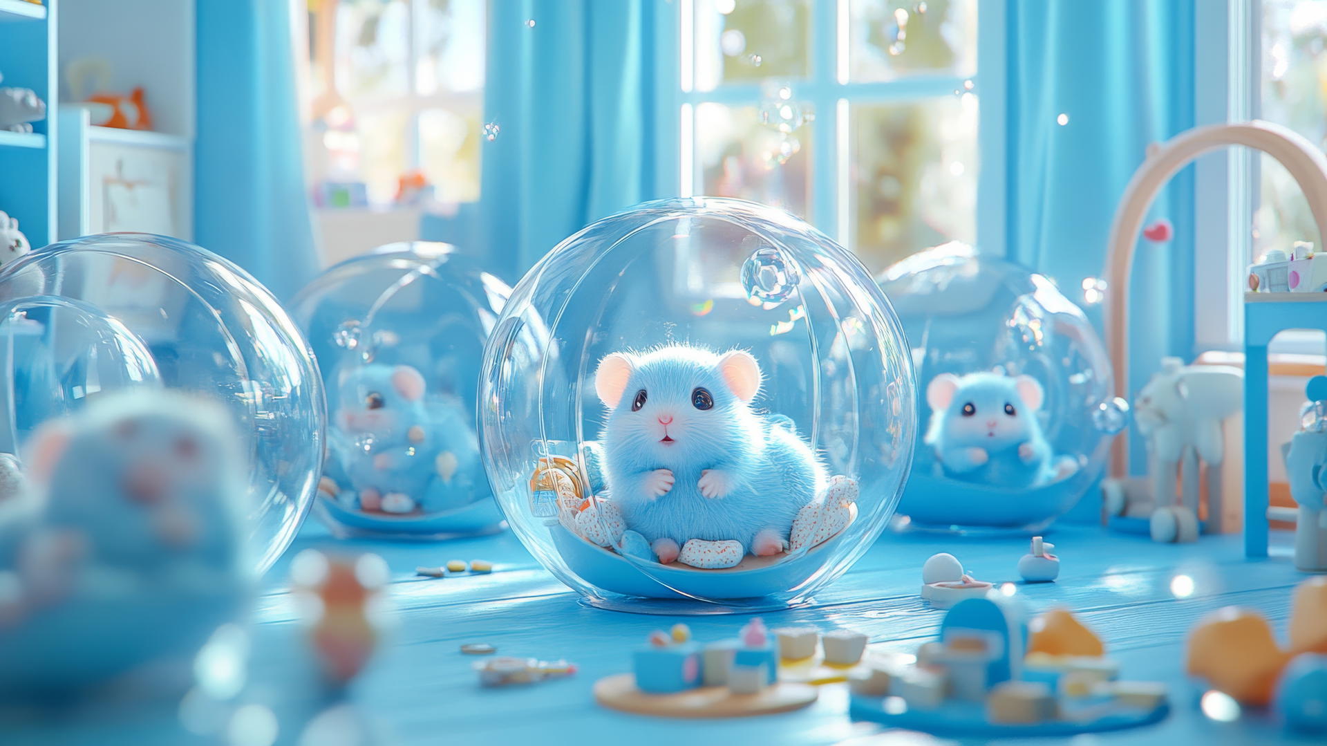 Cute blue wallpaper with adorable hamsters in hamster balls