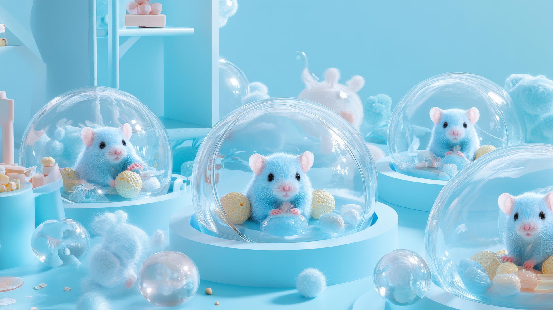 cute blue wallpaper with adorable blue hamsters in transparent hamster balls in a pastel blue playroom
