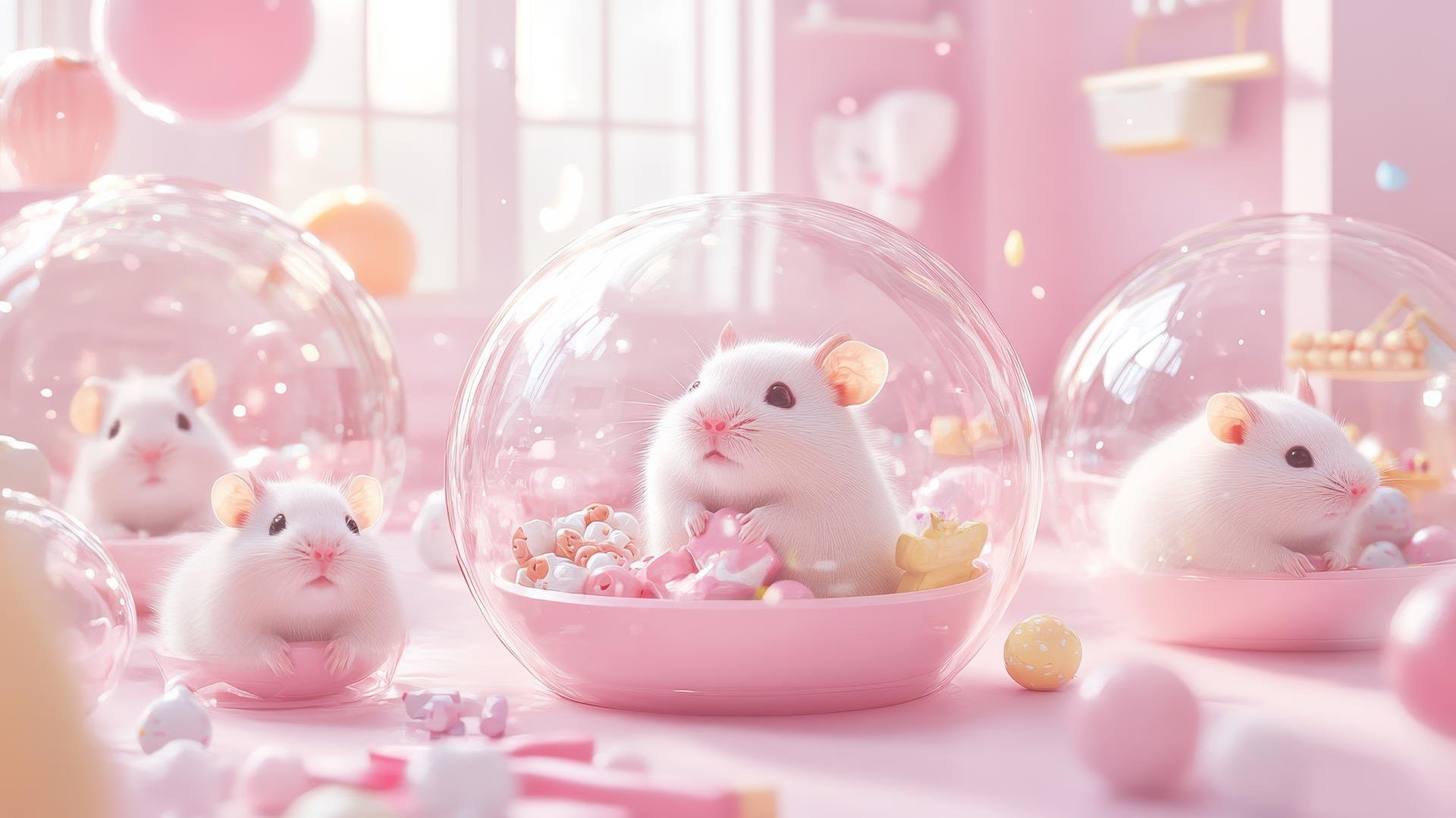 cute pink wallpaper with adorable hamsters in transparent balls in a pastel playroom