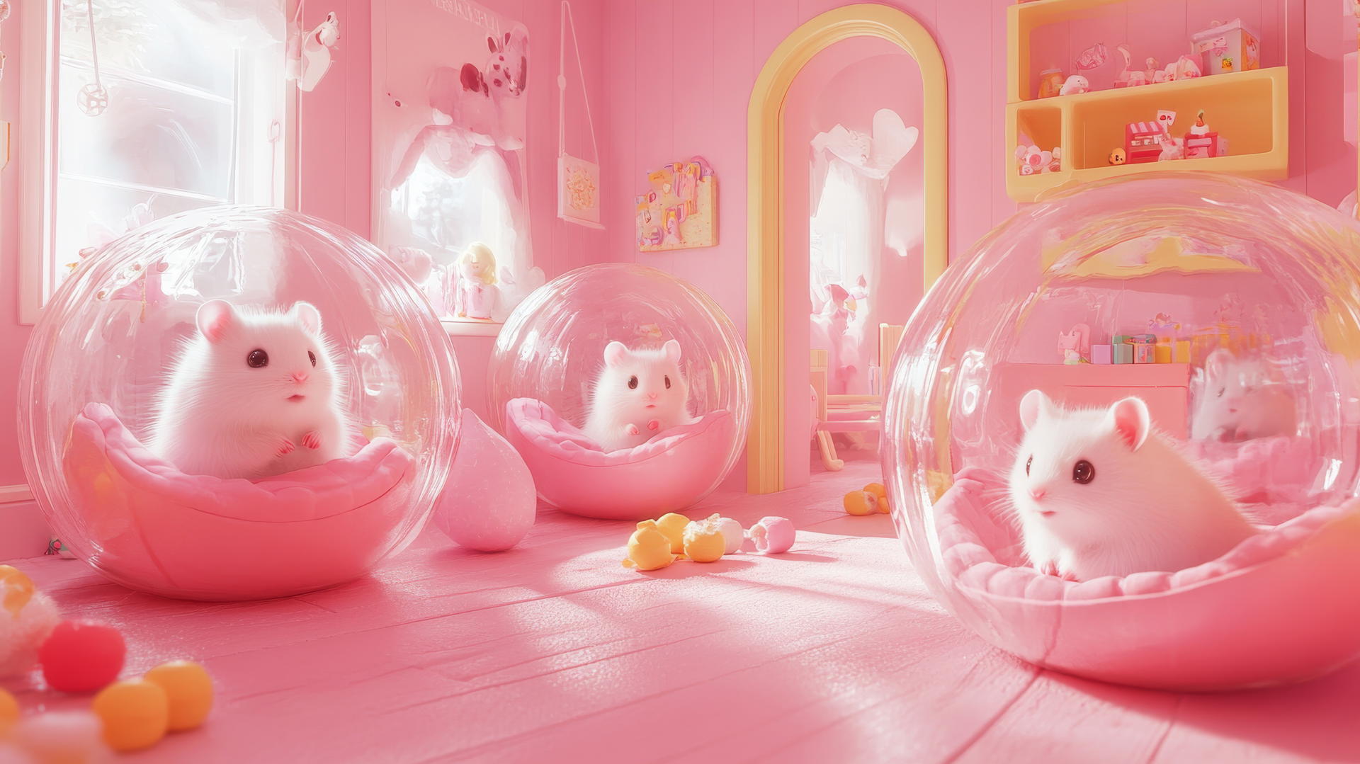 cute pink wallpaper with pink hamsters in transparent hamster balls