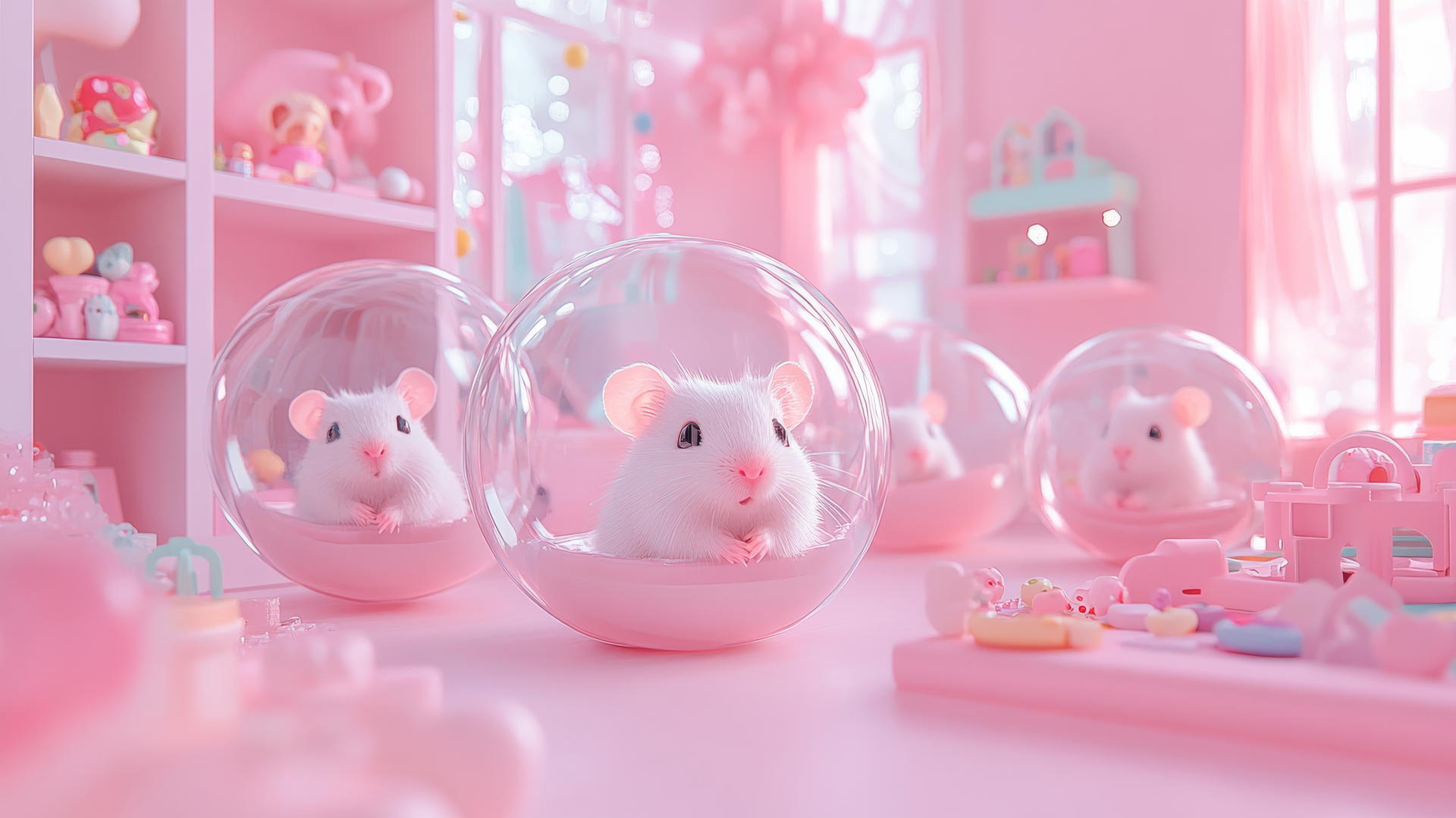 cute pink wallpaper with adorable hamsters in transparent balls