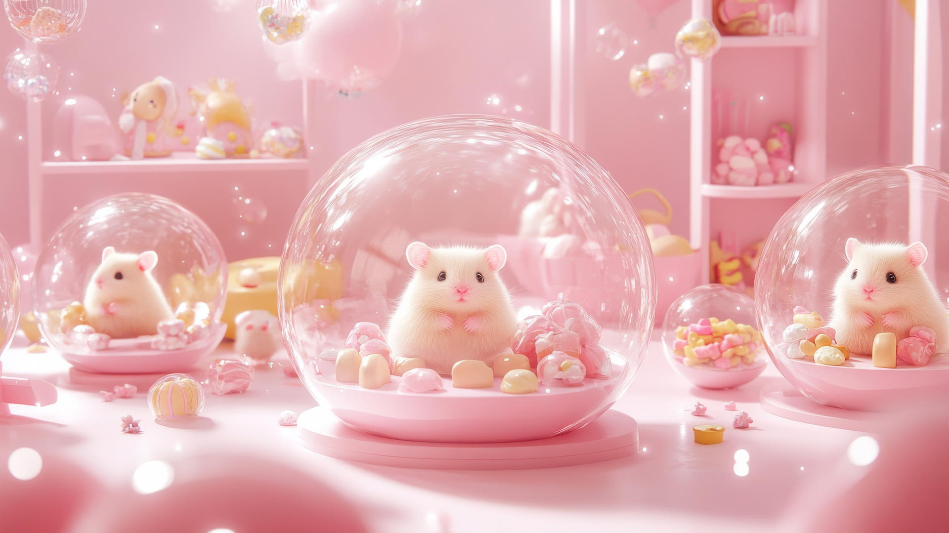 cute pink wallpaper with adorable hamsters in transparent hamster balls