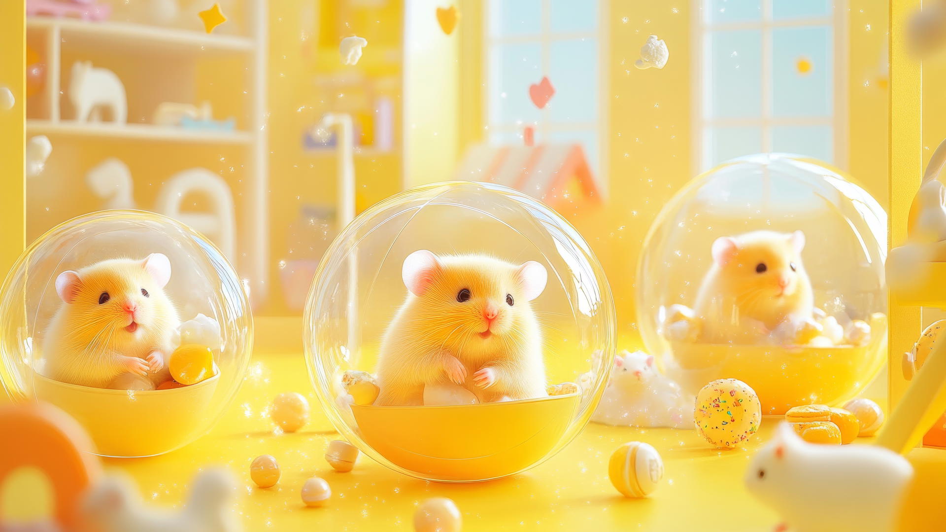 cute yellow wallpaper with hamsters in transparent balls in a pastel playroom