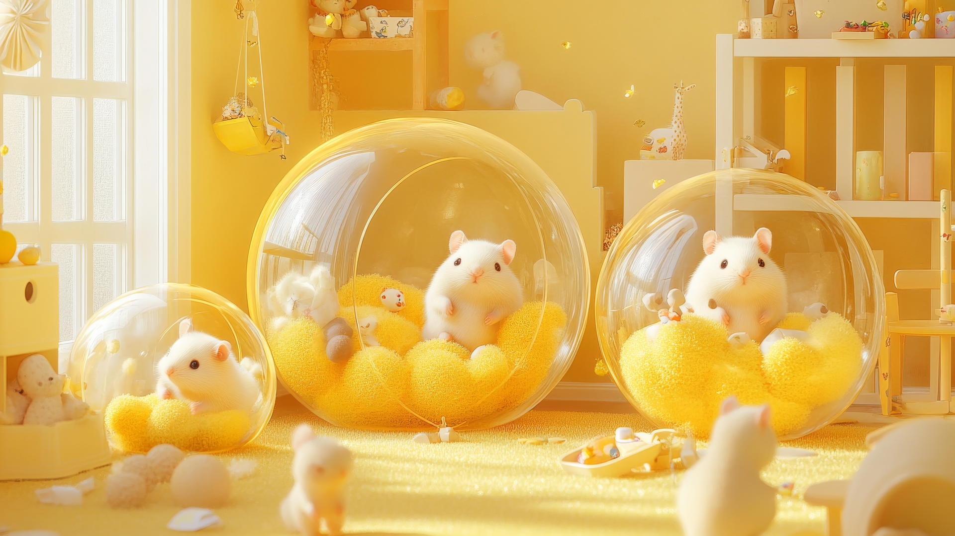 Cute yellow wallpaper with hamsters in transparent balls in a pastel playroom