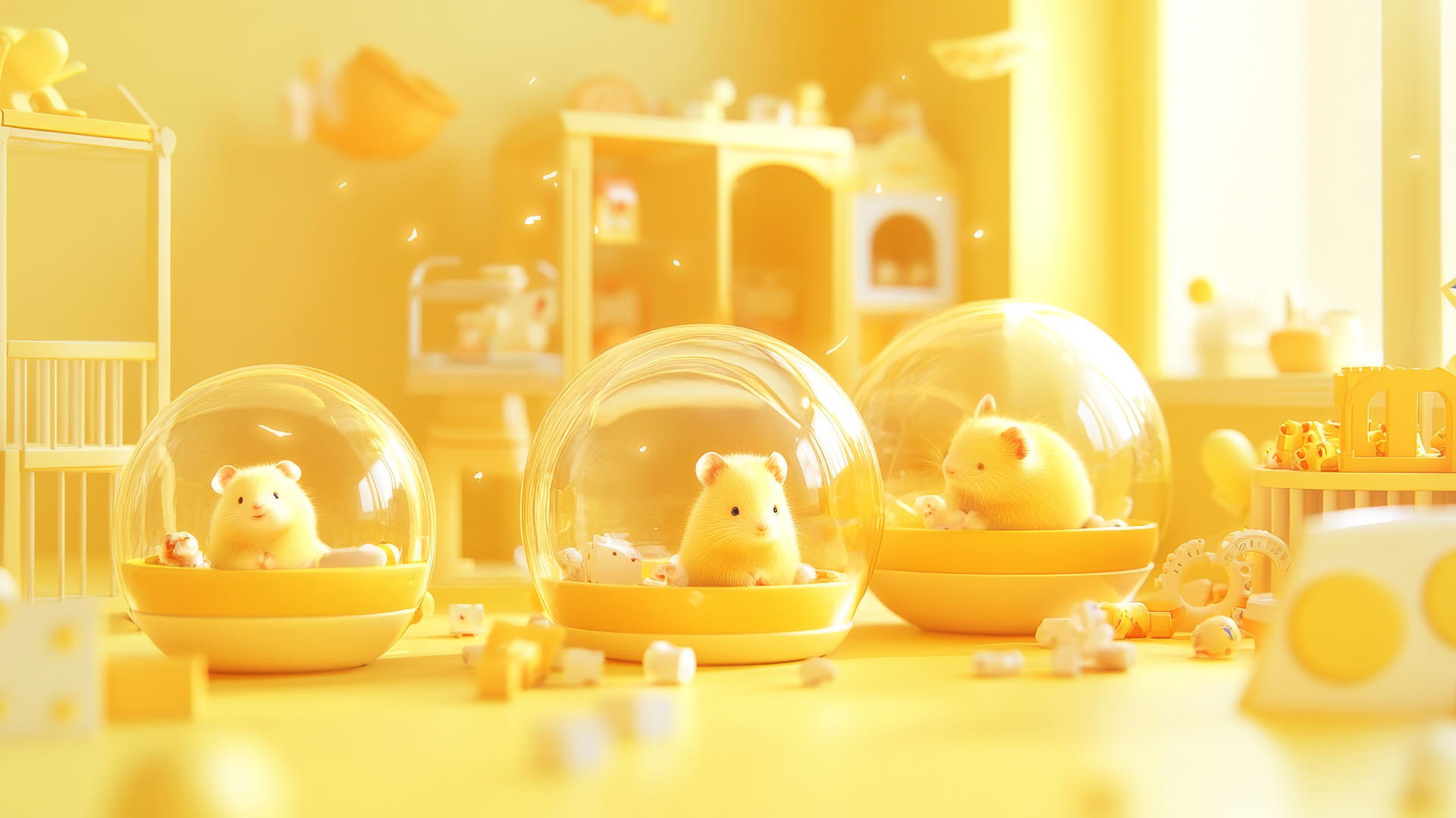 cute yellow wallpaper with hamsters in transparent balls in a pastel playroom