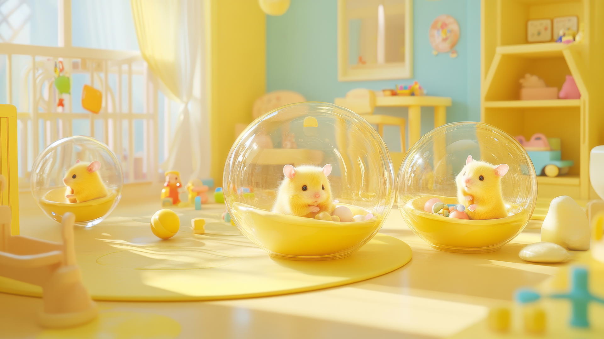 cute yellow wallpaper with hamsters in transparent balls playing in pastel playroom