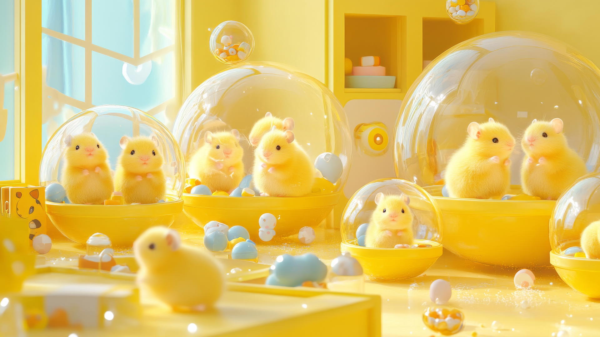 cute yellow wallpaper with adorable hamsters in transparent balls in a pastel playroom