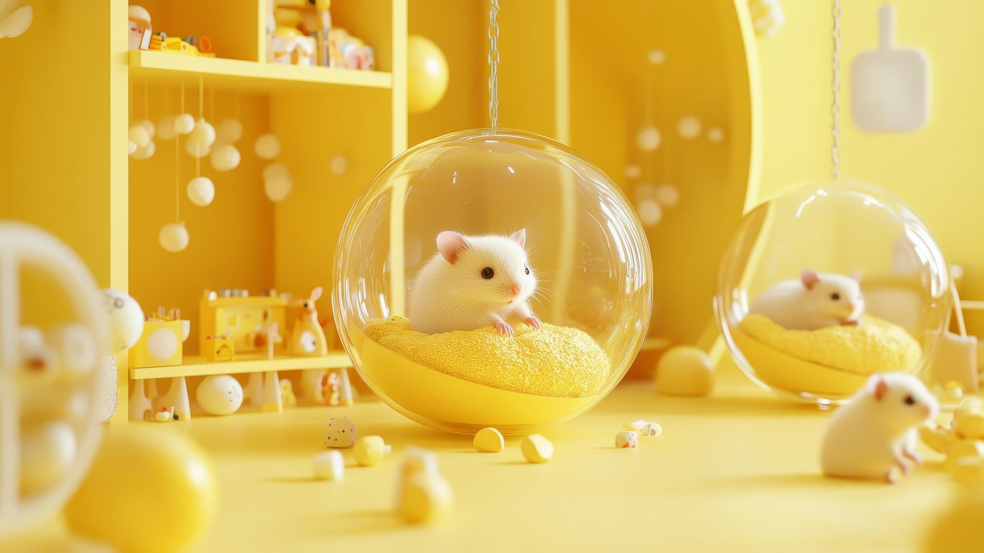 cute yellow wallpaper with hamsters in transparent balls in a pastel playroom