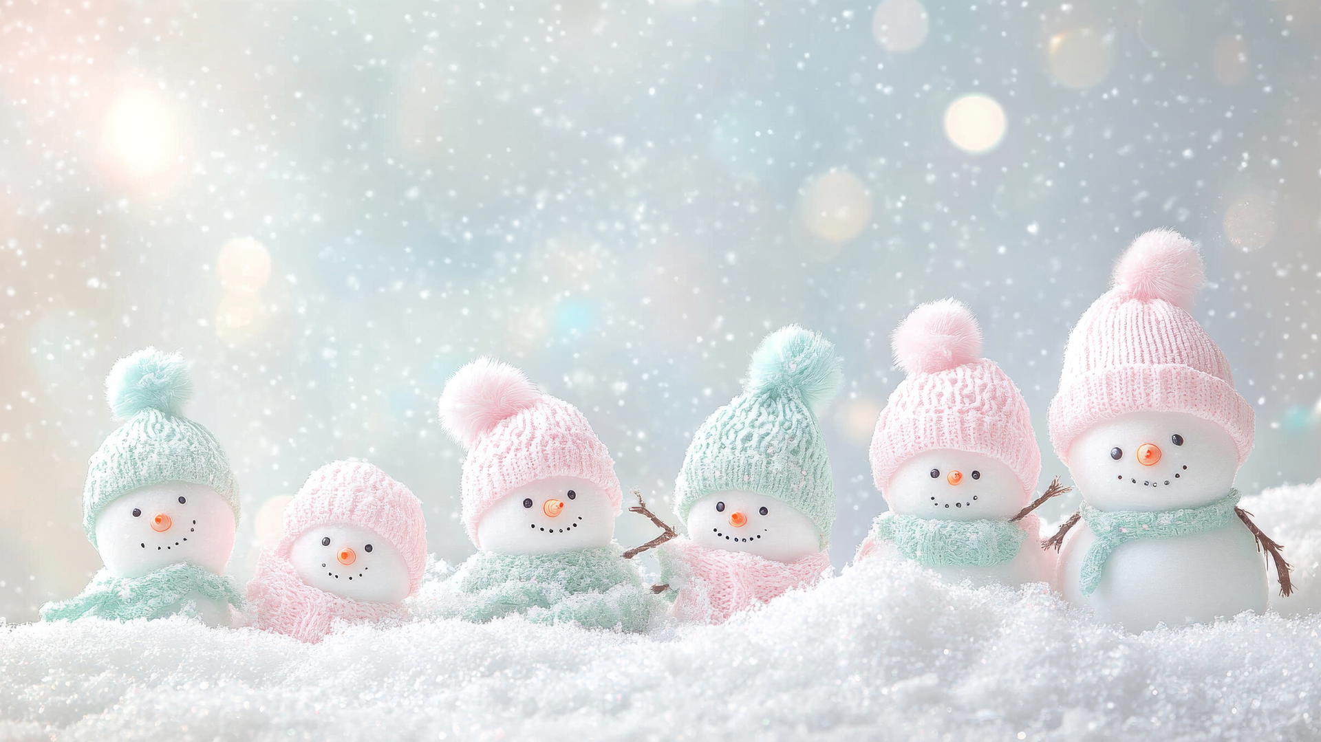 girly cute christmas wallpaper with snowmen in pastel pink and mint green hats, fluffy snow, glittery snowflakes