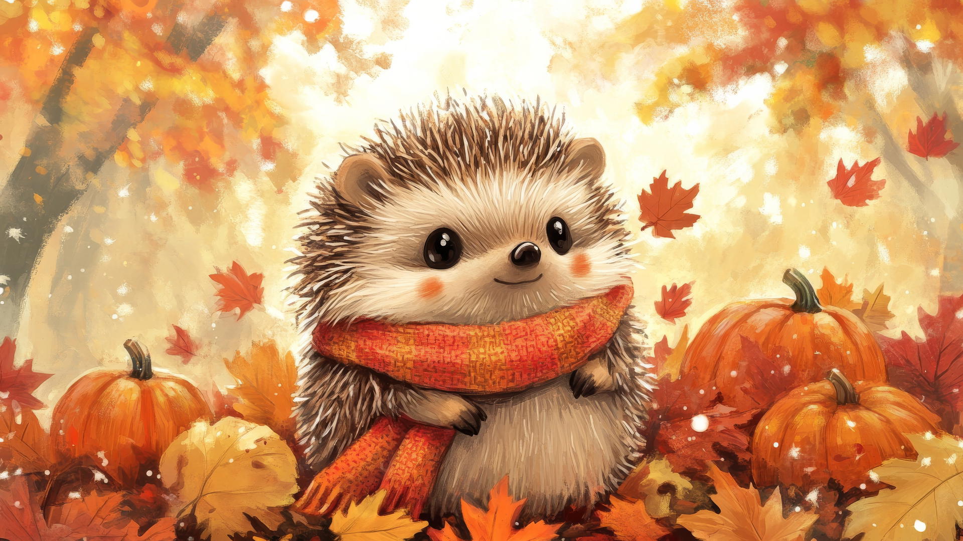 Cute thanksgiving wallpaper with a hedgehog in a scarf amid fall leaves and pumpkins