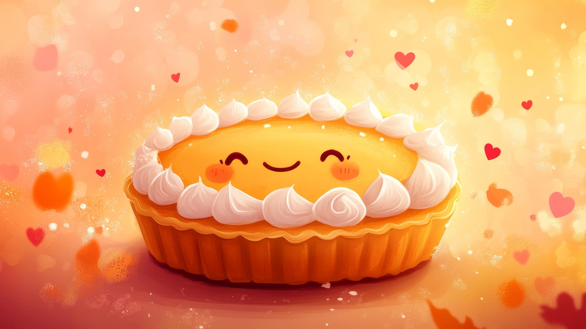 Thanksgiving wallpaper cute pumpkin pie with a smiling face, whipped cream, and hearts