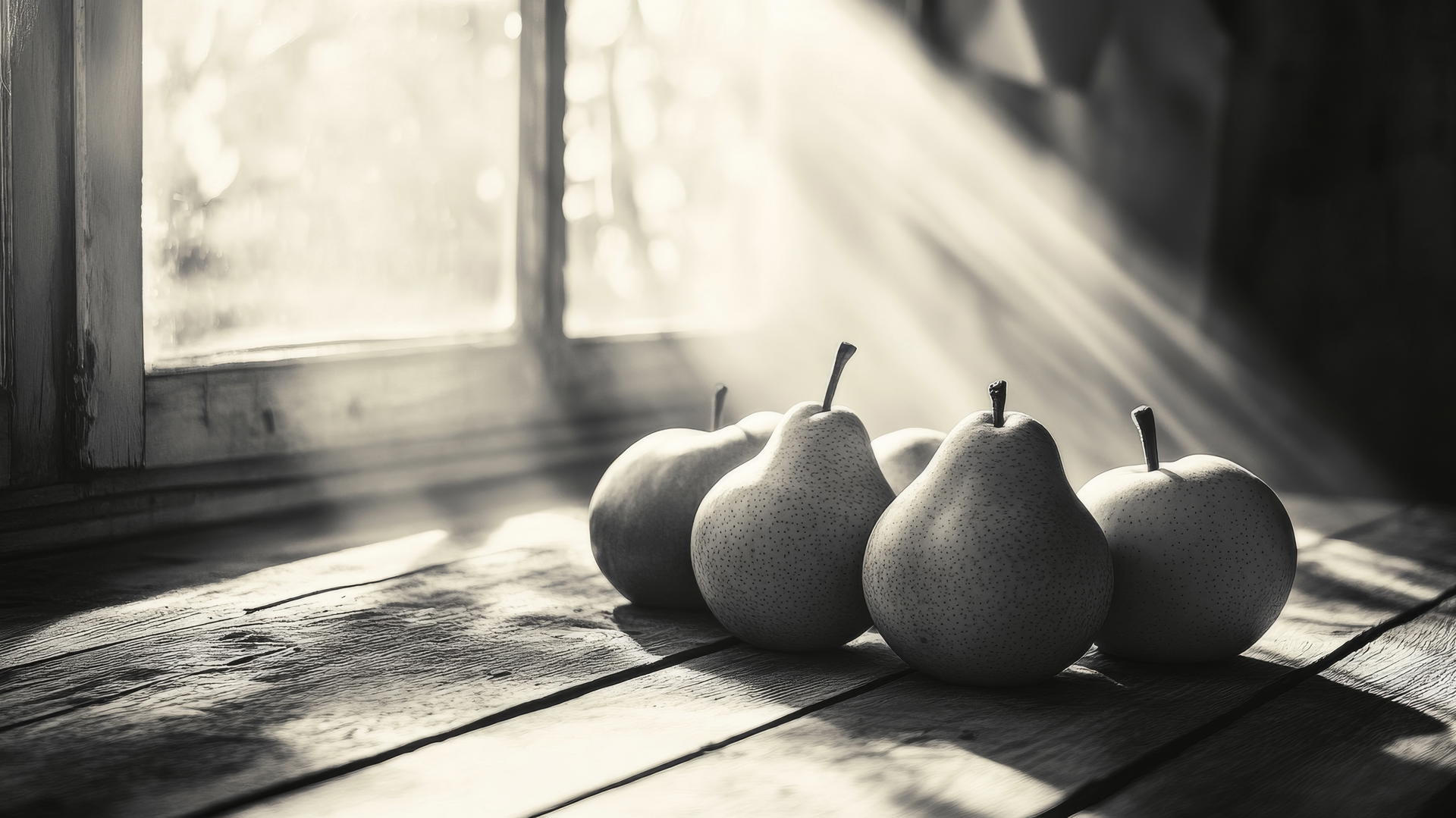 Aesthetic Thanksgiving wallpaper with soft-focus apples and pears on a rustic table under gentle sunlight.