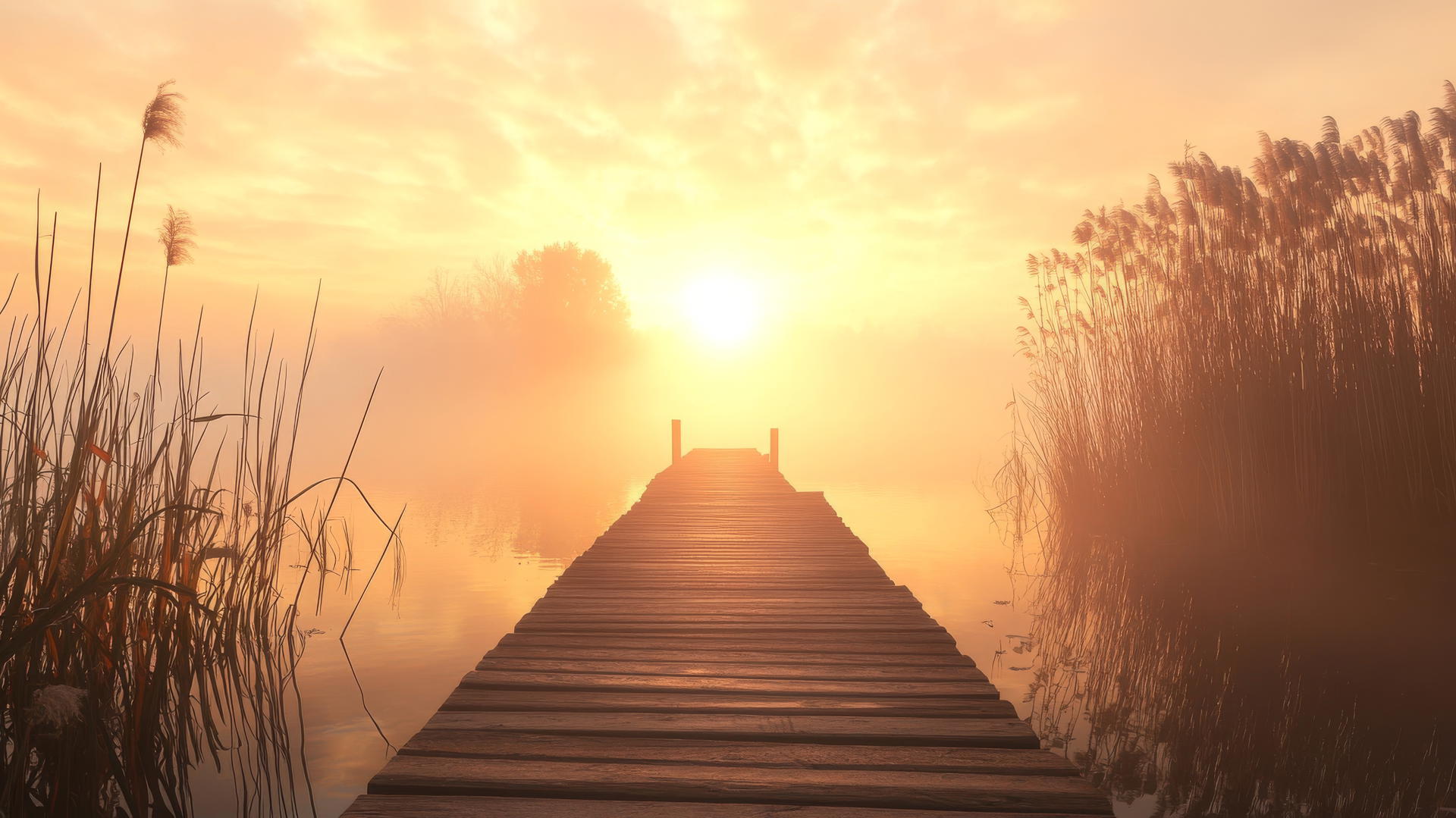 thanksgiving aesthetic wallpaper with wooden dock extending into foggy lake, surrounded by reeds and rising autumn sun