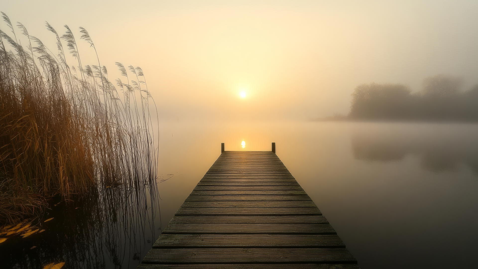 thanksgiving aesthetic wallpaper with wooden dock on foggy lake at sunrise