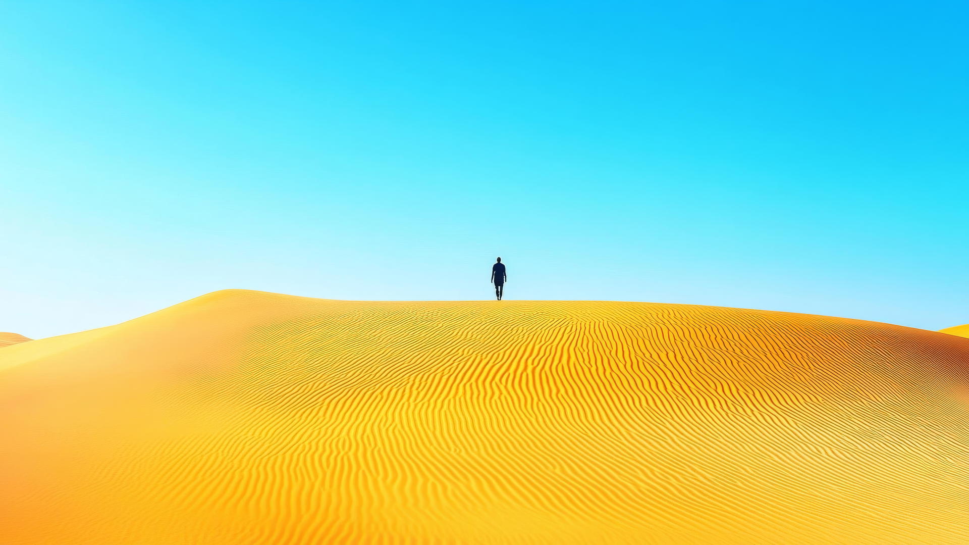 Summer wallpaper of endless desert dunes with a lone traveler under a clear blue sky