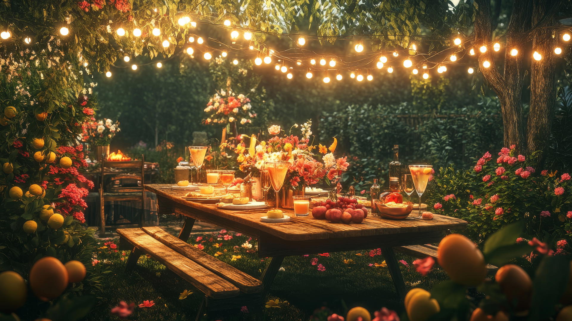 summer aesthetic wallpaper with sun-kissed garden party, string lights, flower arrangements, rustic tables, summer fruits, and drinks