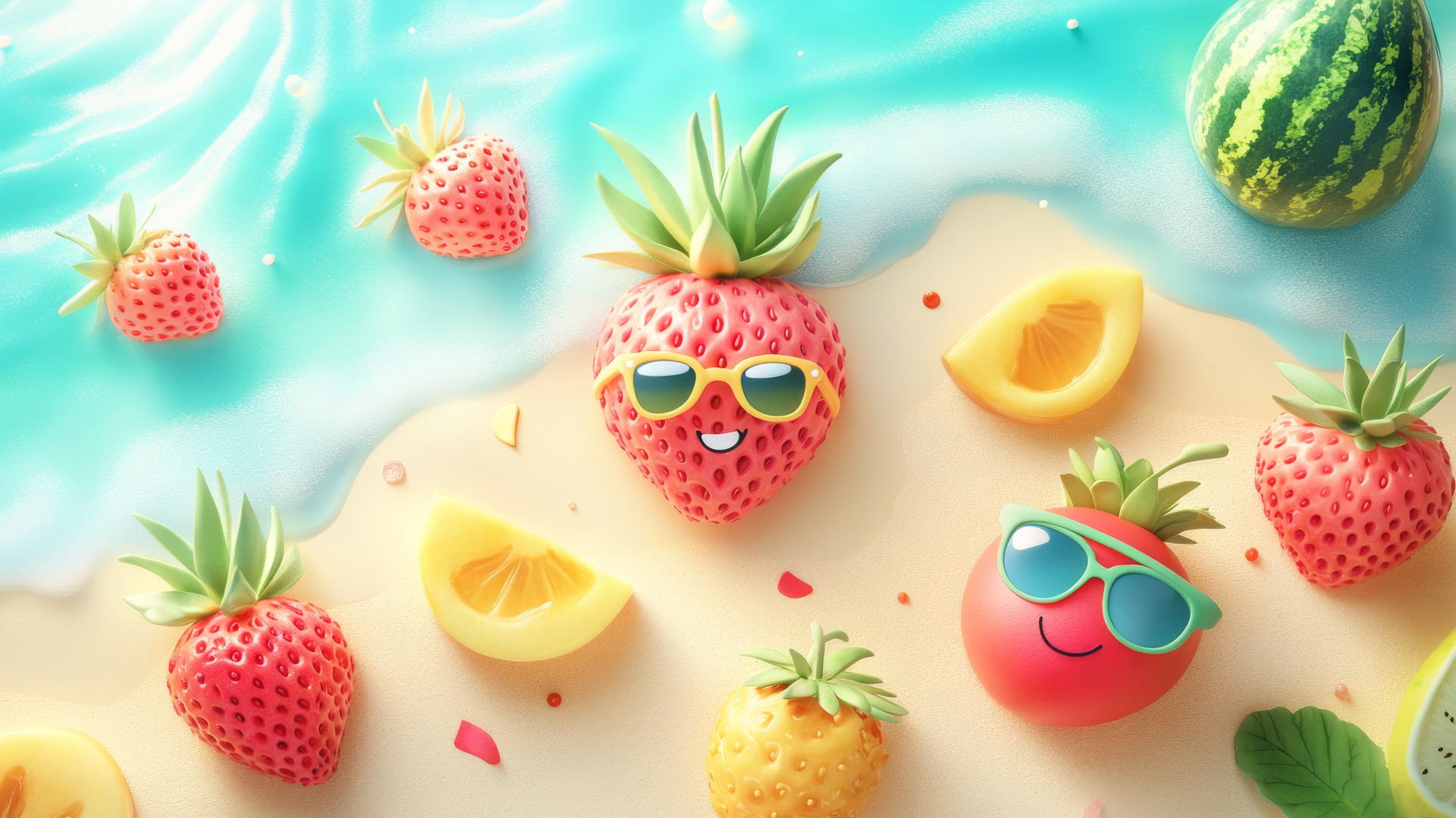 cute summer wallpaper with smiling strawberries, pineapples with sunglasses, and dancing watermelons on a sunny beach