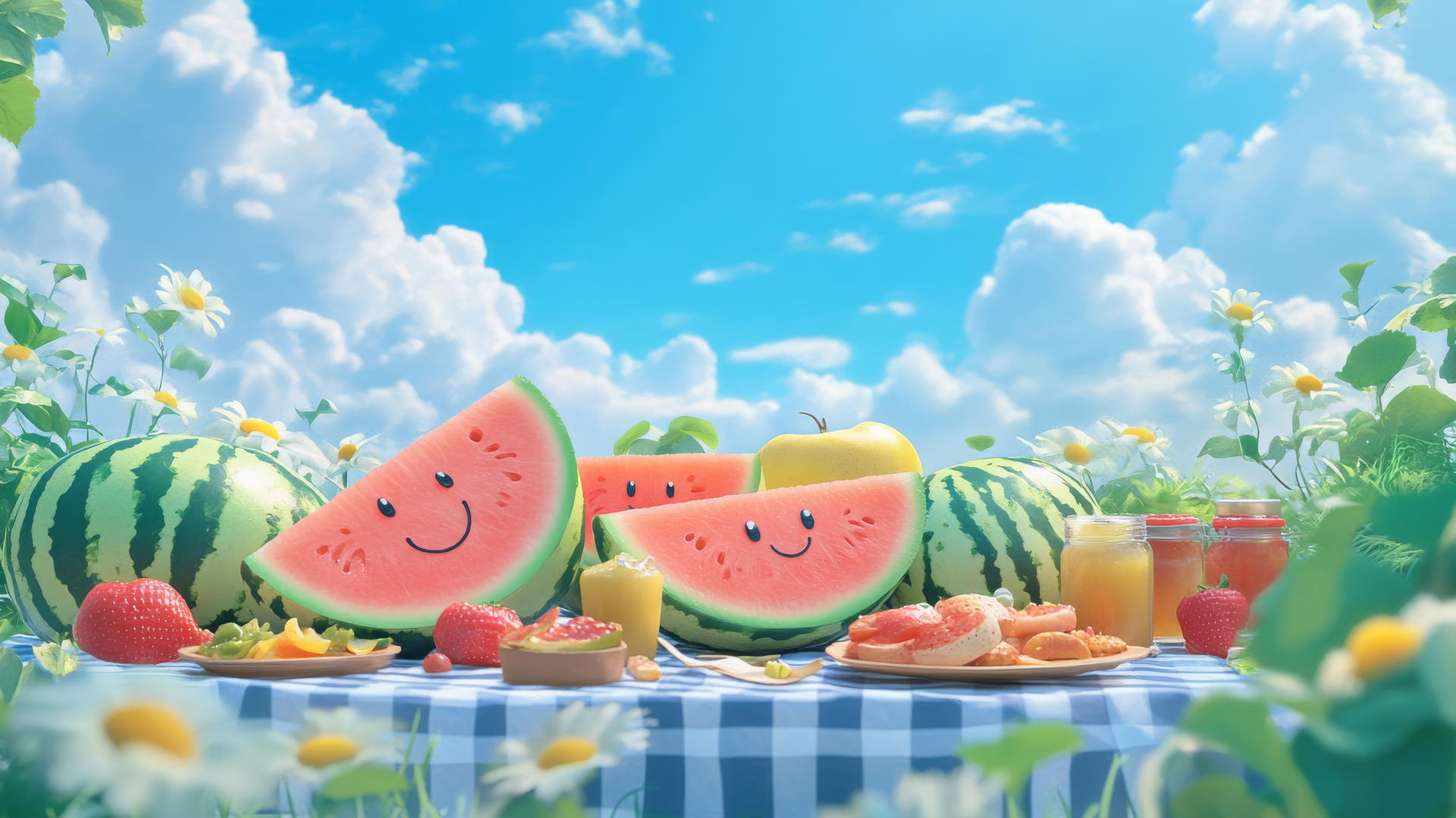 cute summer wallpaper with smiling watermelon slices and summery snacks