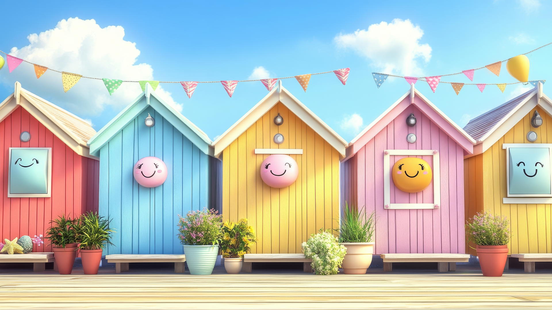 A row of colorful beach huts with smiling faces and cute decorations under a cheerful summer sky, cute summer wallpaper