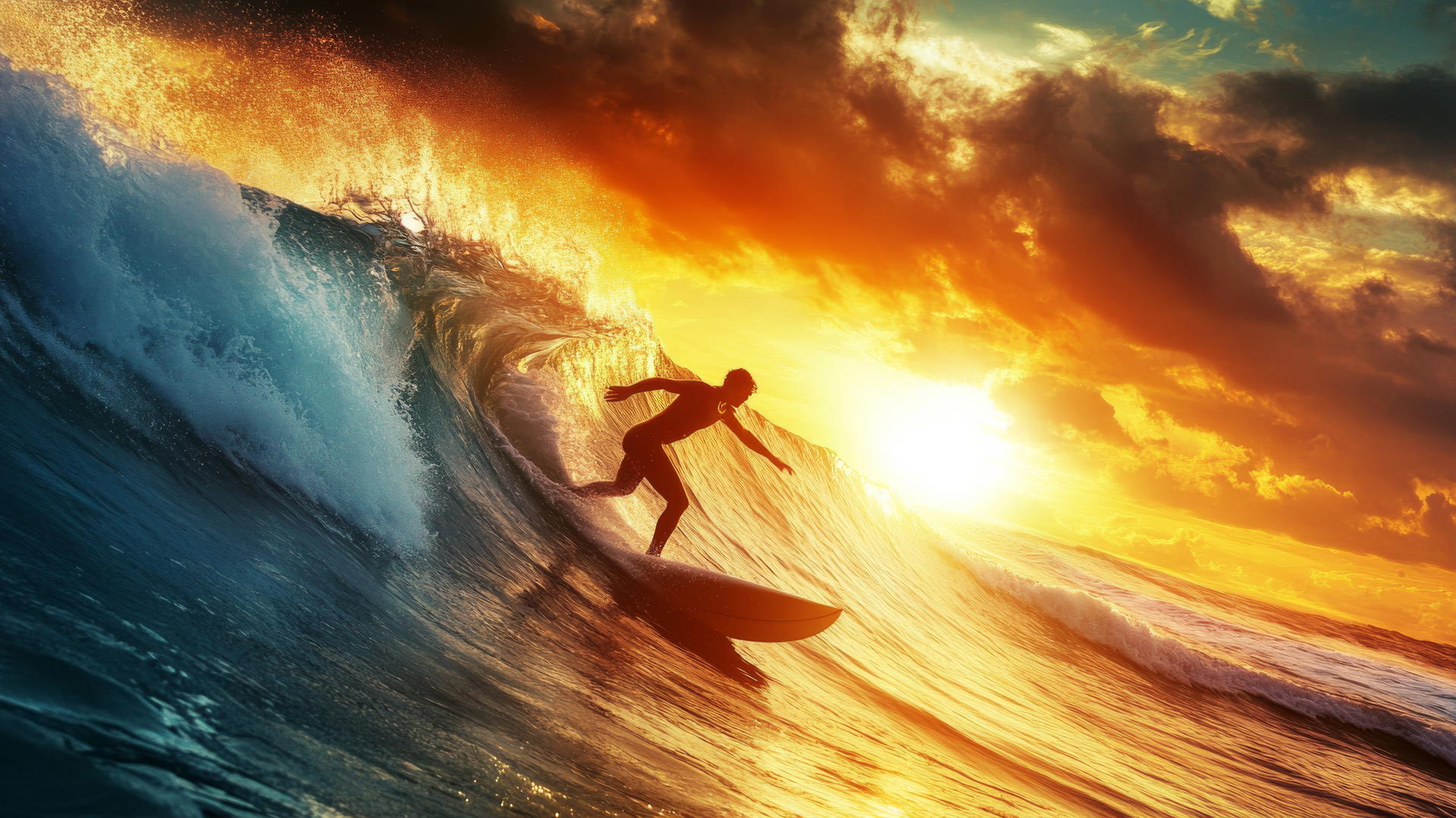summer background wallpaper with surfer catching a wave at sunrise