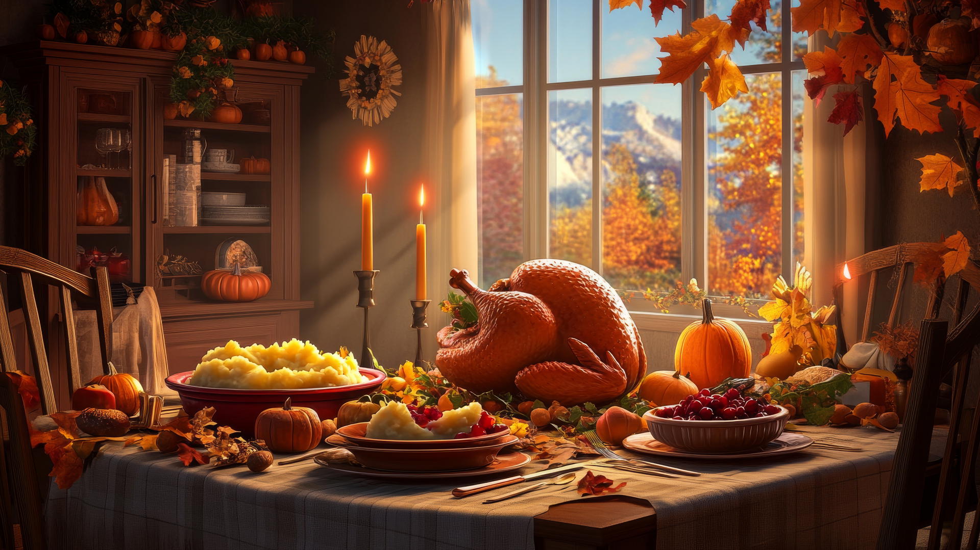 Thanksgiving wallpaper with a cozy dinner table featuring a turkey, mashed potatoes, cranberry sauce, and fall decorations